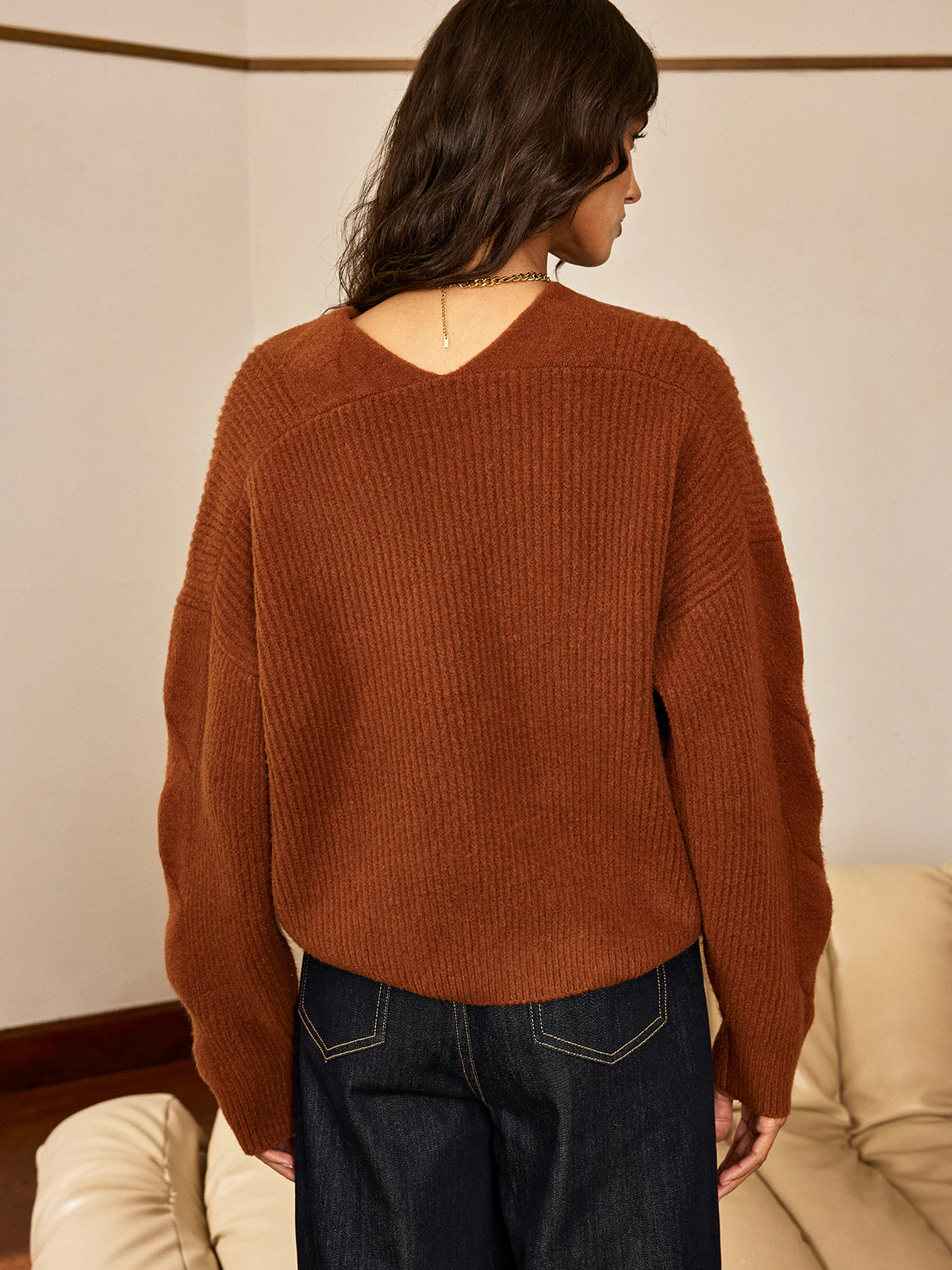 Wool Blend Textured Knit V-Neck Sweater - Wholesalesil