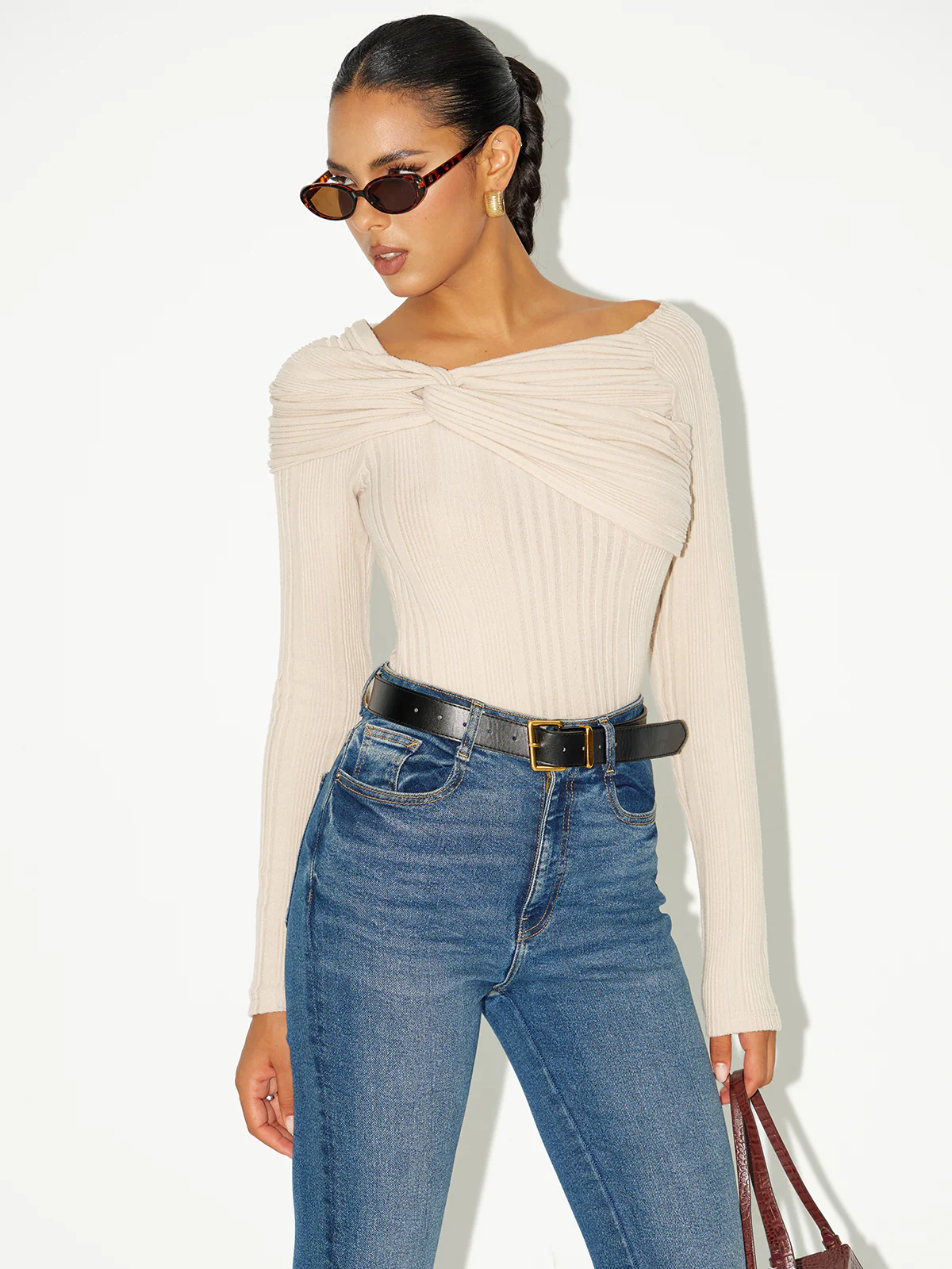 Asymmetric Twist-Front Ribbed Knit Top - Wholesalesil