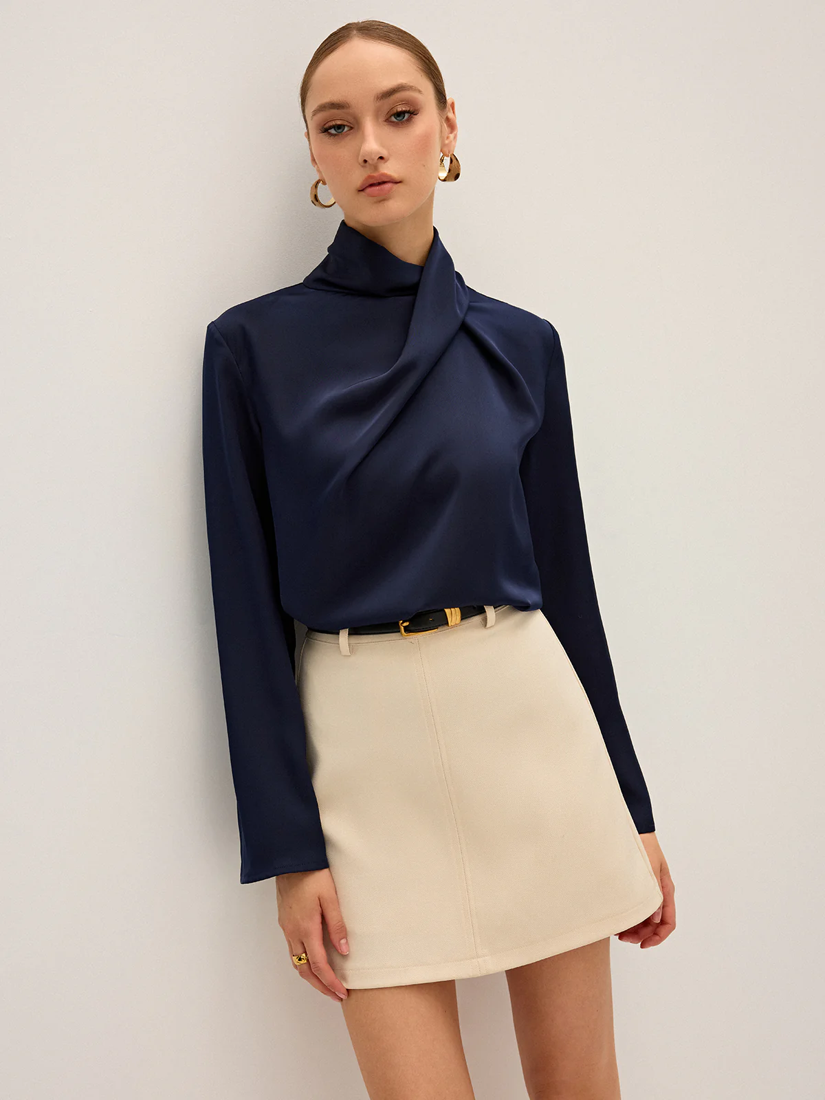 Satin Draped High Neck Blouse - Wholesalesil