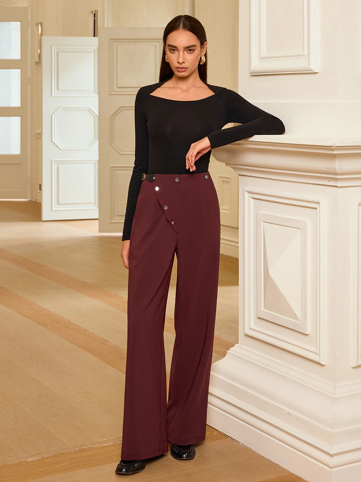 Asymmetric Waistband Straight-Leg Pants - Wholesalesil