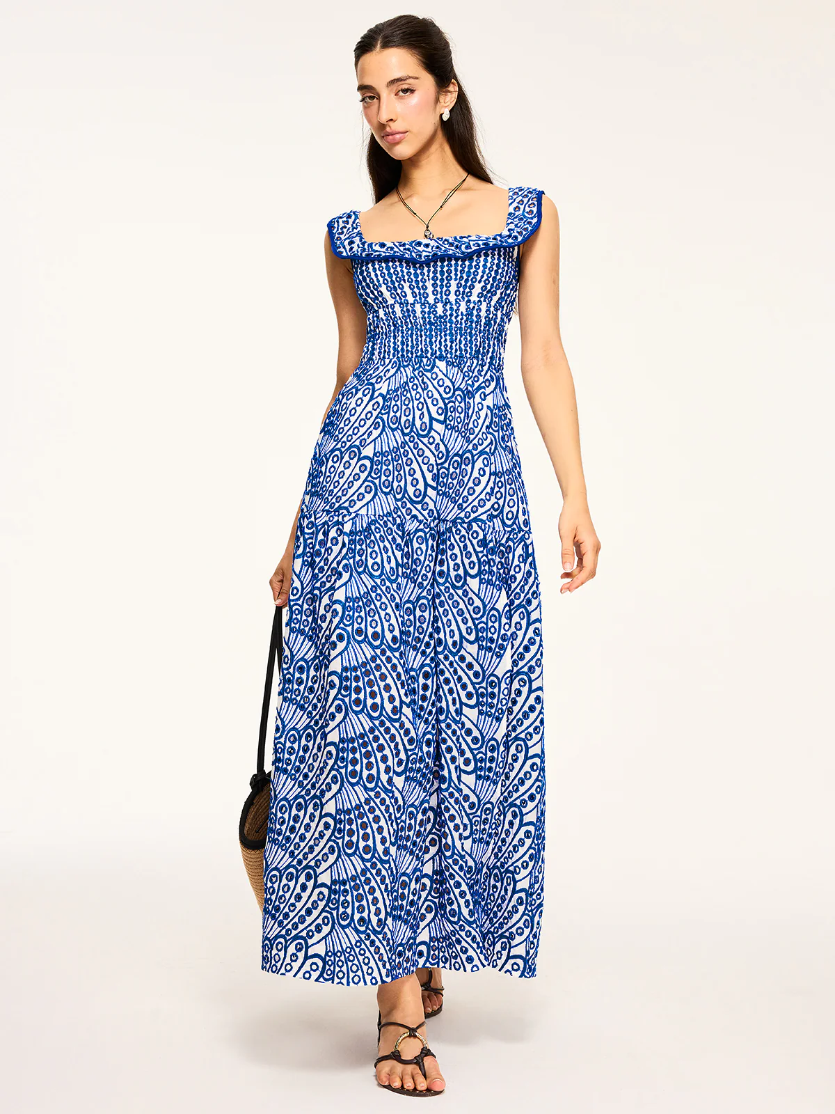 Semi-Sheer Embroidered Maxi Dress with Ruffled Trim - Wholesalesil