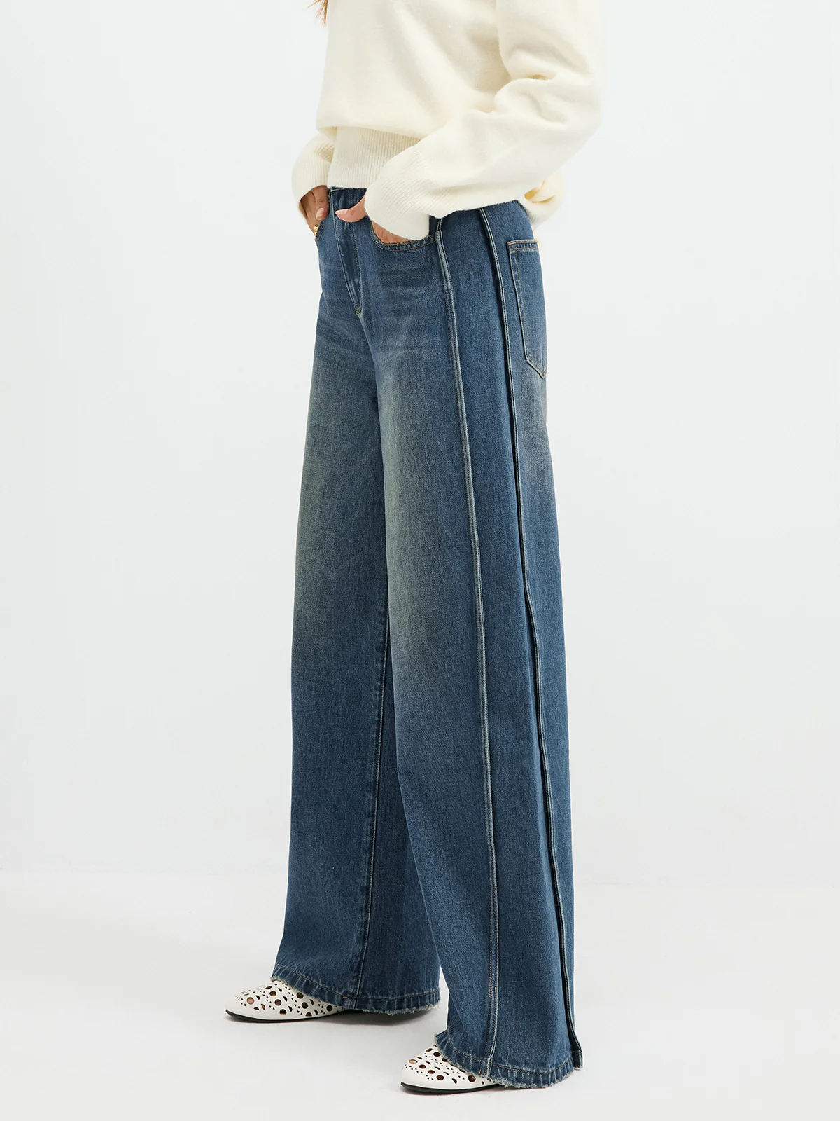 Side Panel Detail Mid-Waist Jeans - Wholesalesil