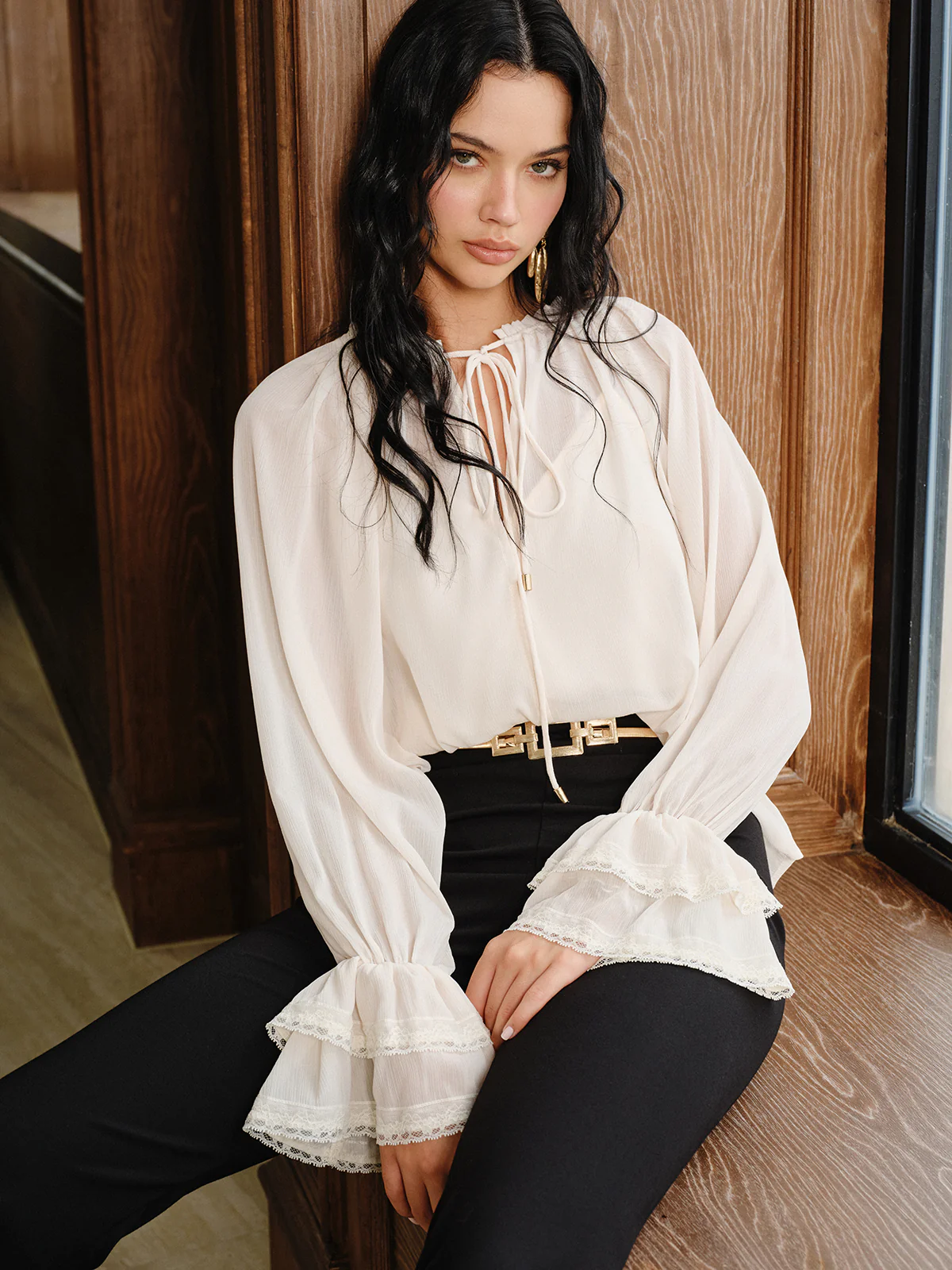 Bell Sleeve Sheer Chiffon Blouse Set with Liner - Wholesalesil