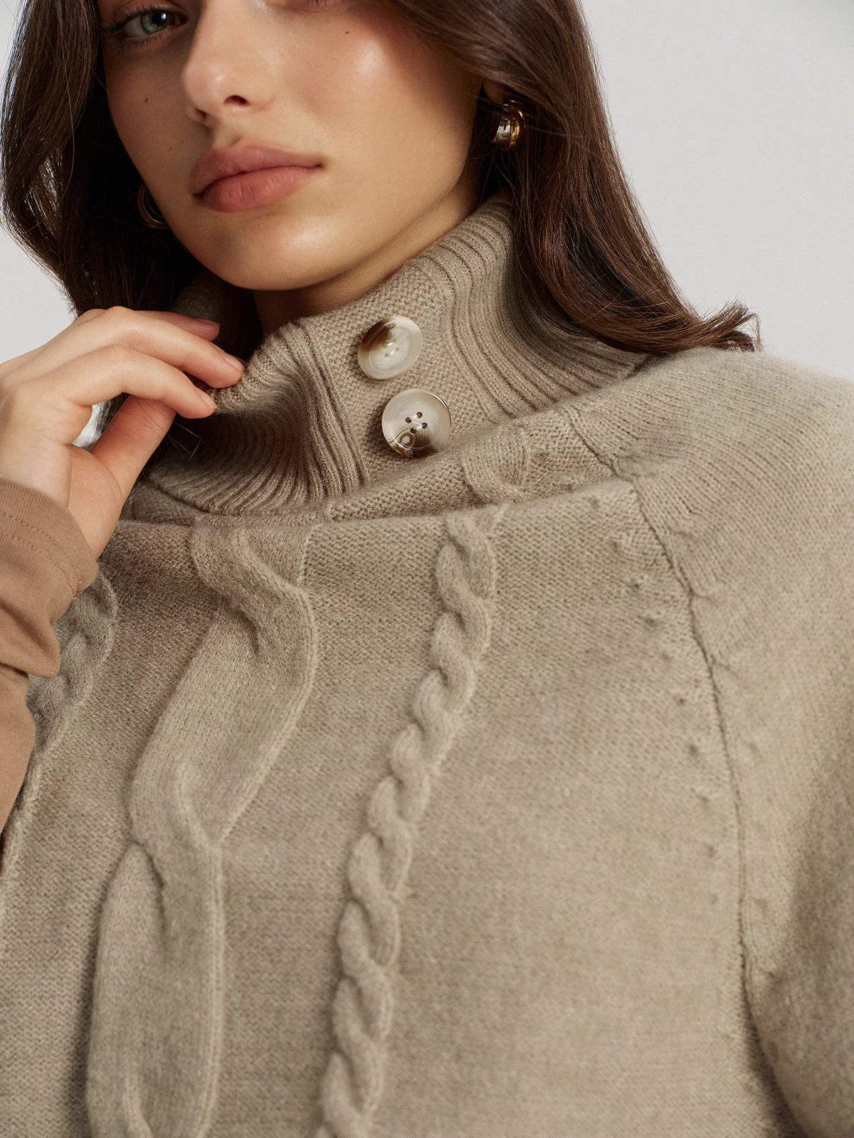 Turtleneck Cable Knit Short Sleeve Sweater without Belt - Wholesalesil
