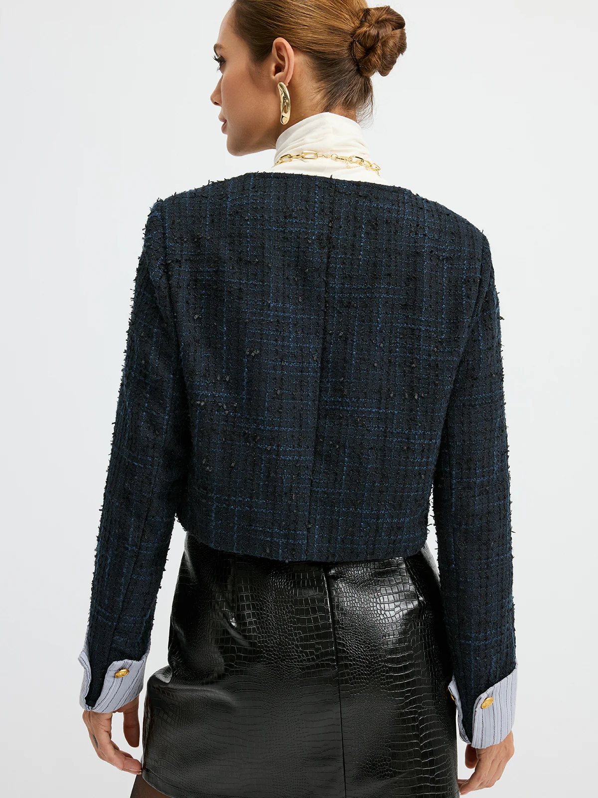 Tweed Cuffed-Sleeve Cropped Wool Blend Jacket - Wholesalesil
