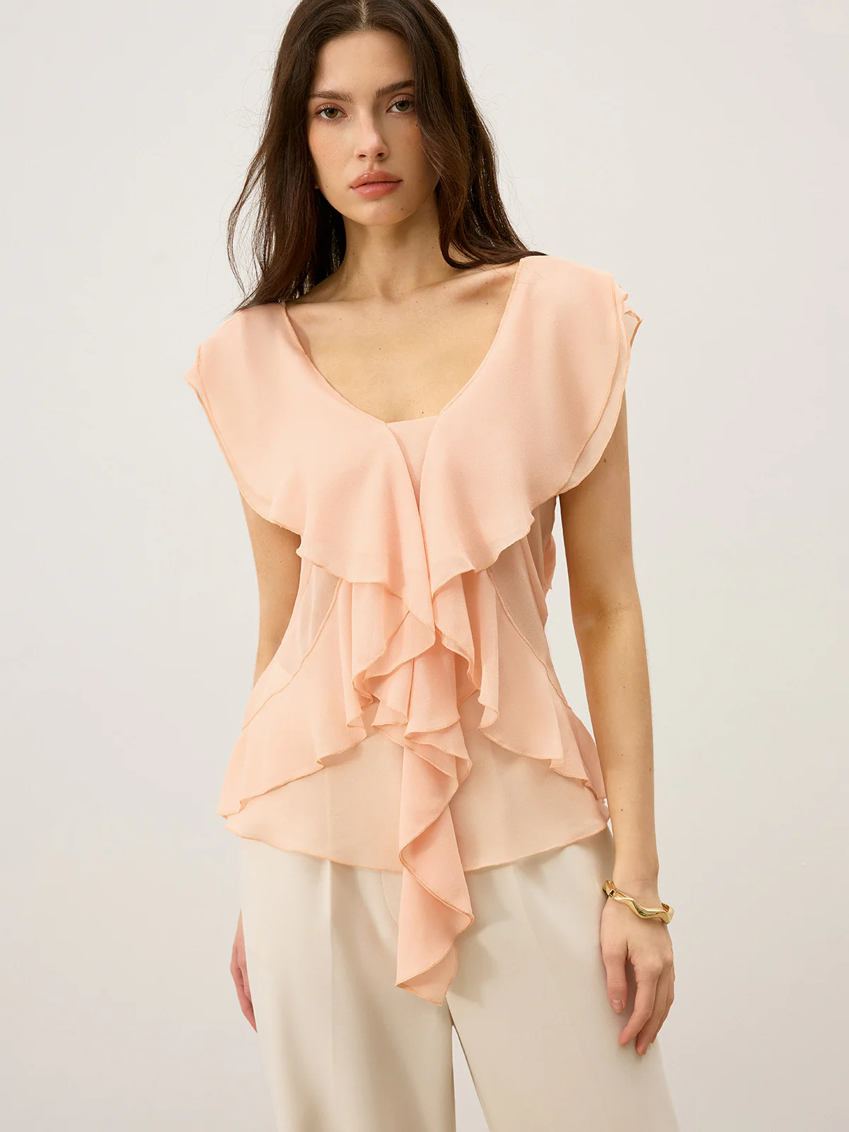 Semi-Sheer Ruffled Chiffon Blouse - Wholesalesil