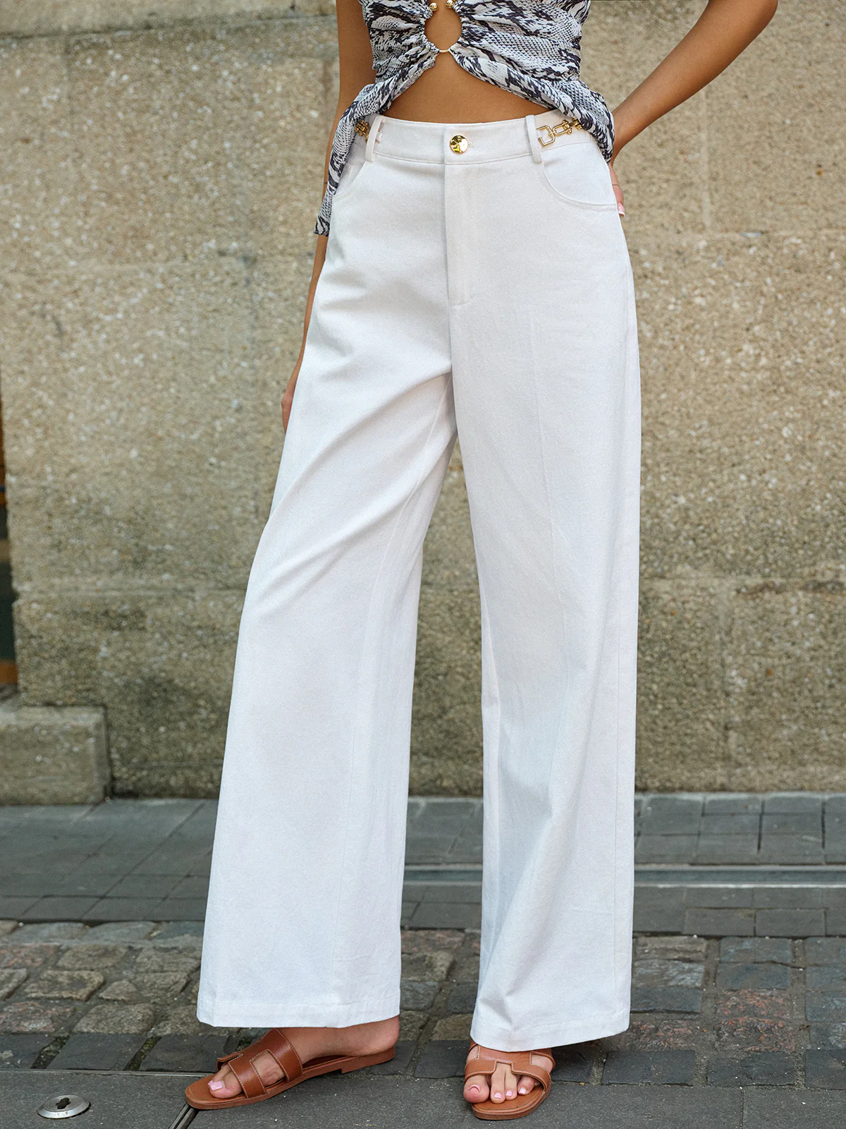 Metal Decor Wide-Leg Pants - Wholesalesil