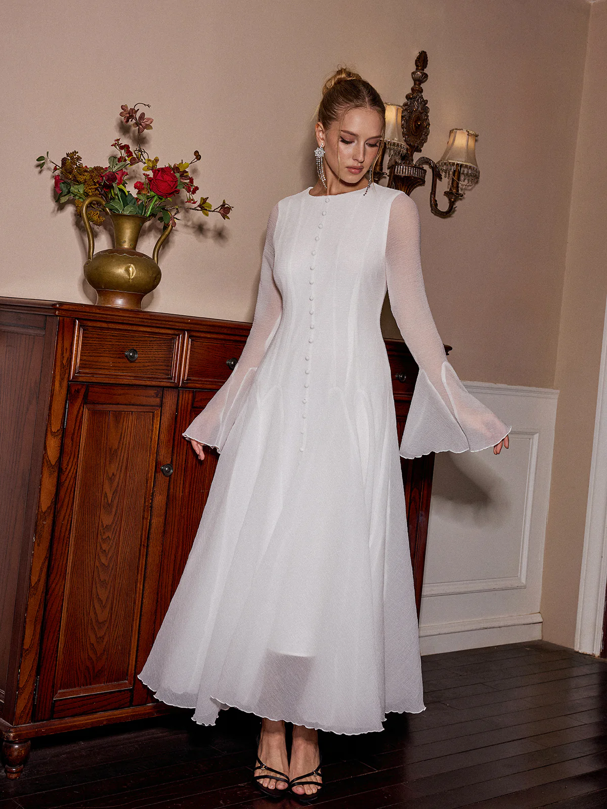 Sheer Bell Sleeve Maxi Dress - Wholesalesil