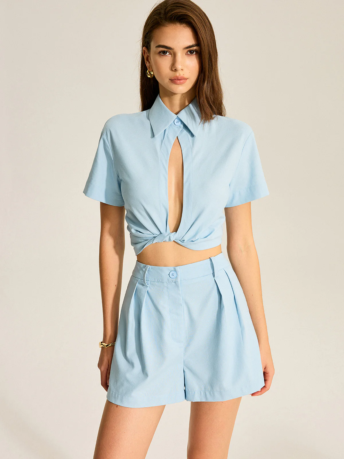 Tie-Front Cropped Shirt and Pocketed Shorts Set - Wholesalesil