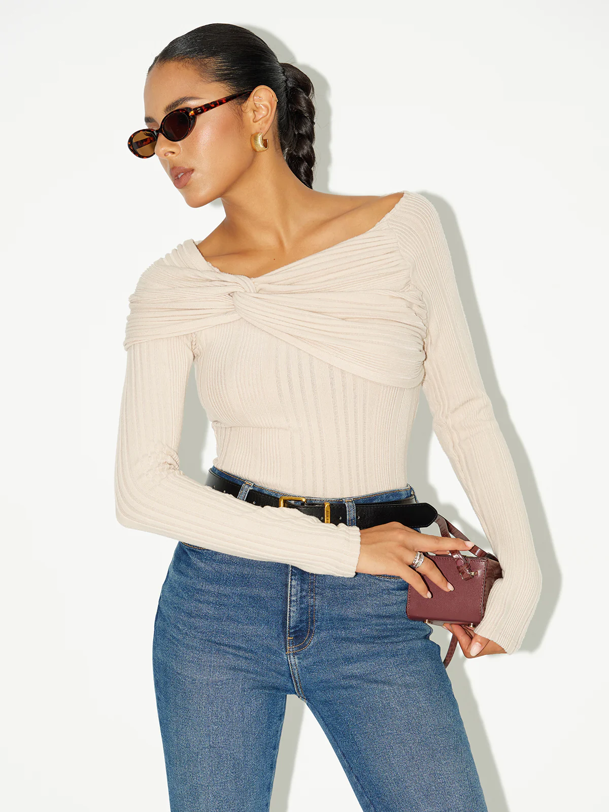 Asymmetric Twist-Front Ribbed Knit Top - Wholesalesil