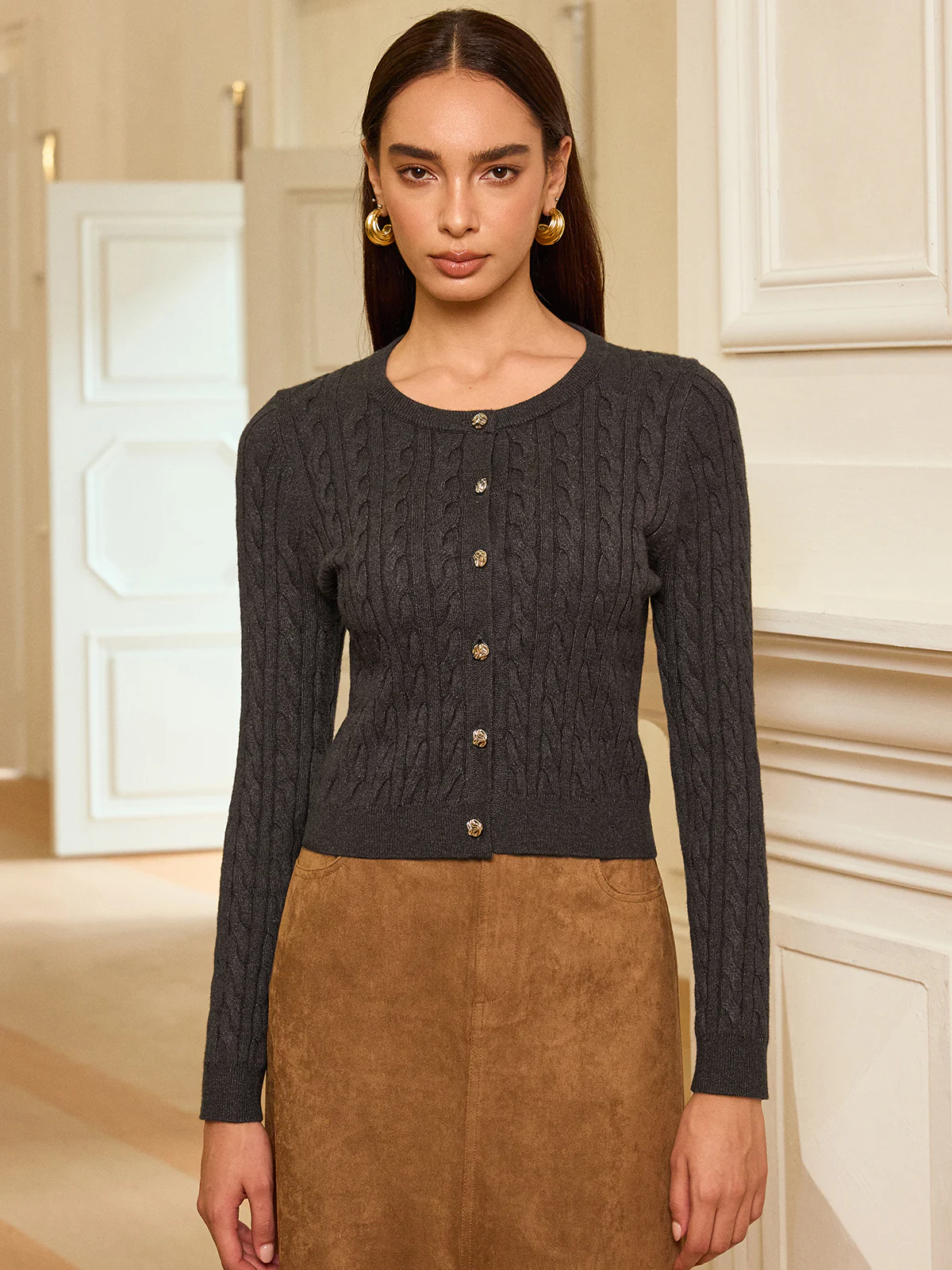 Metal Button Cable-Knit Cardigan - Wholesalesil