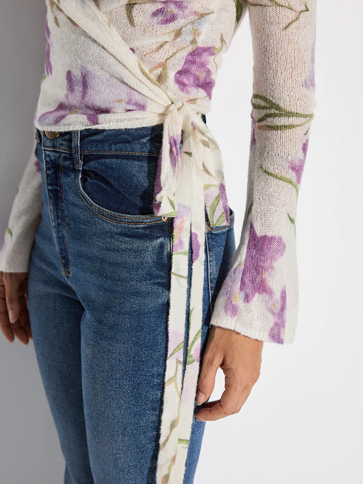 Floral Print Wrap Tie Knit Top - Wholesalesil