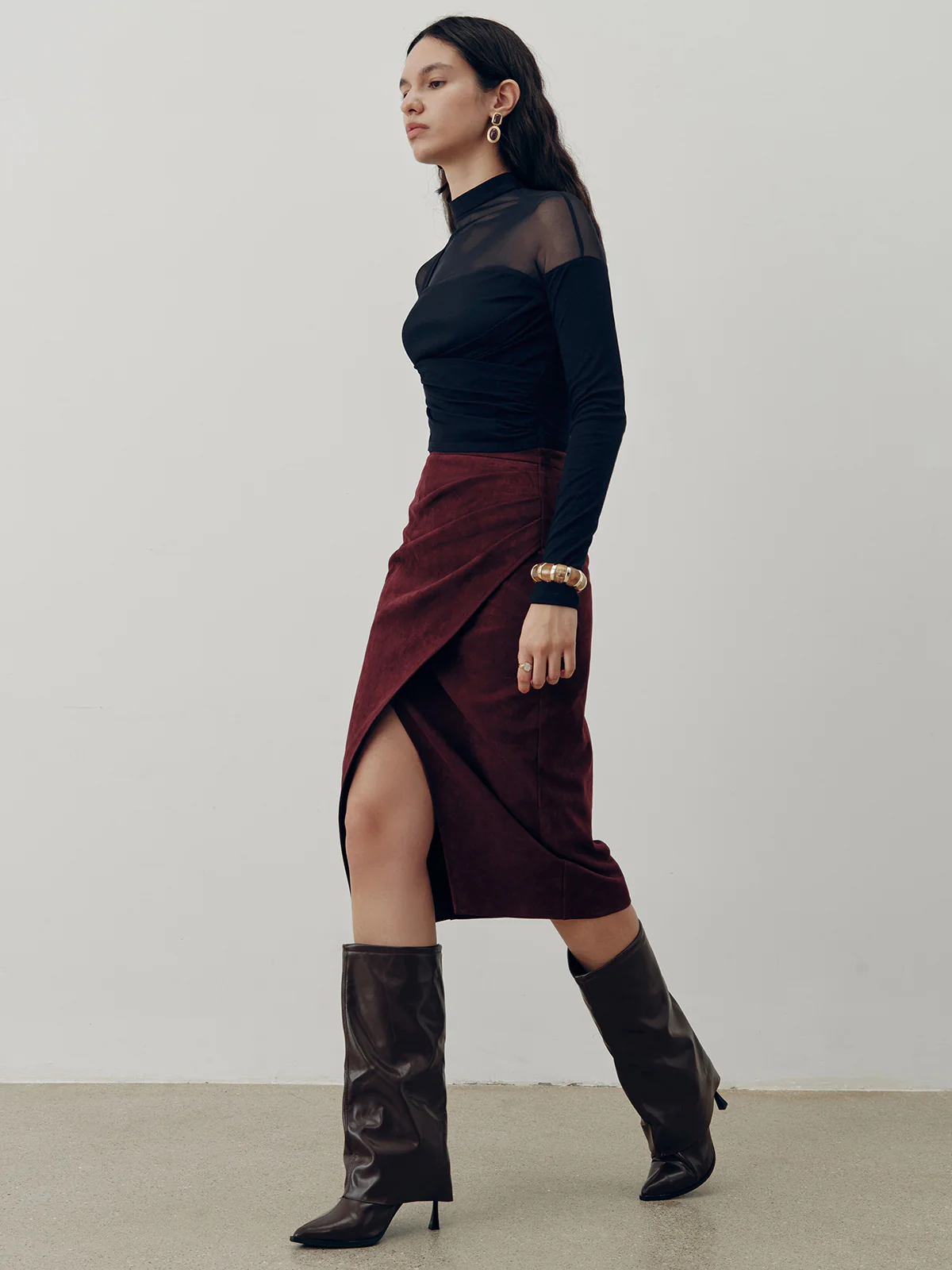 Sheer Mesh Panel Long Sleeve Top - Wholesalesil