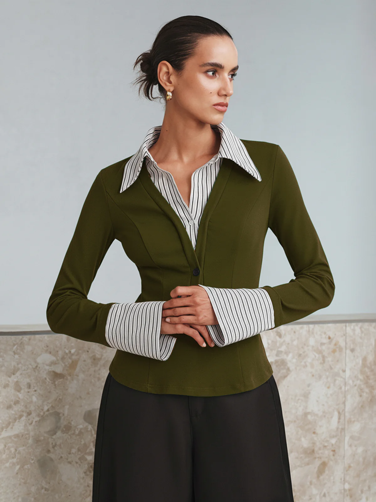 Mock Two-Piece Long-Sleeve Two Tone Polo Top - Wholesalesil