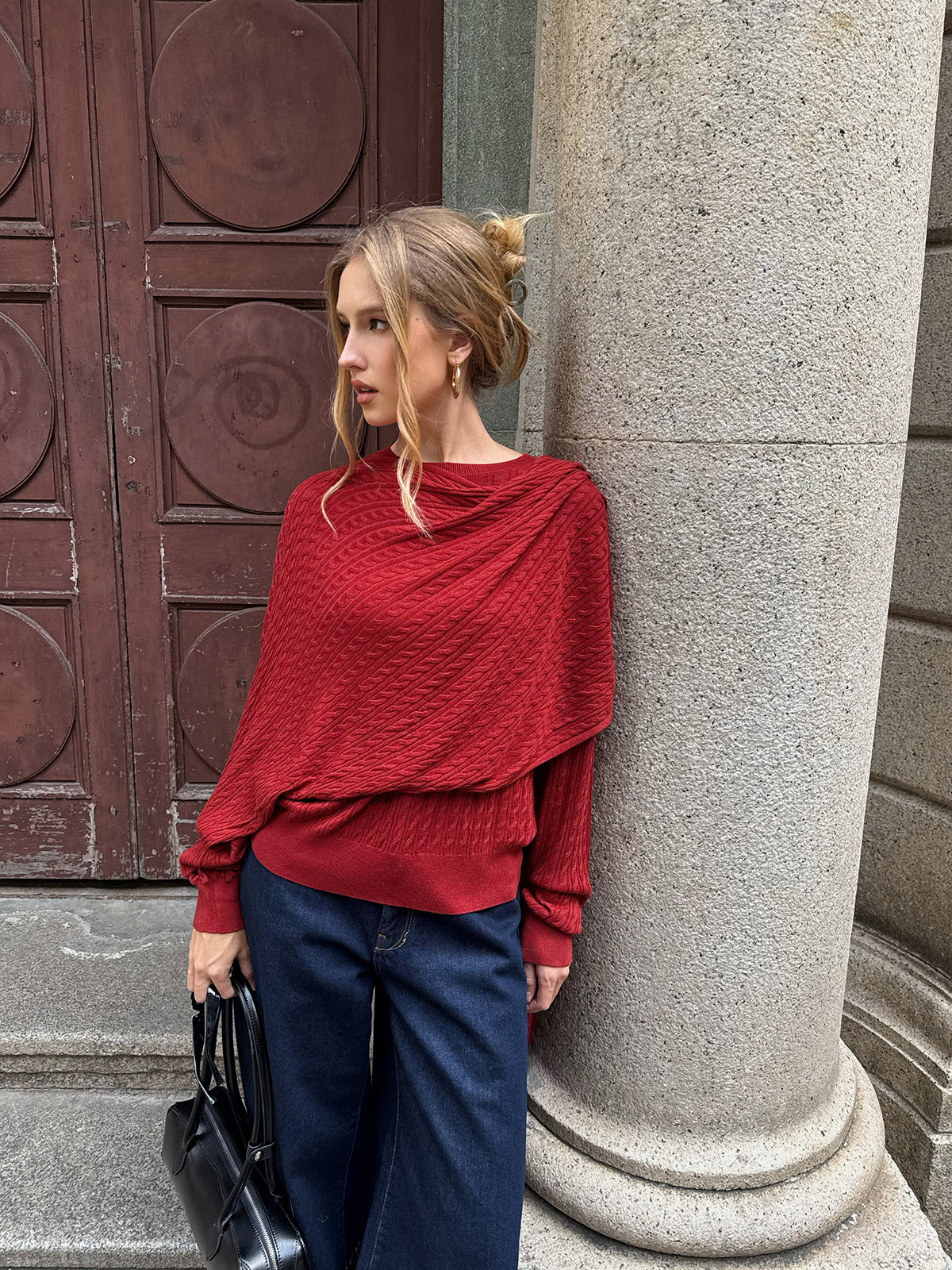 Wool Blend Cable Knit Draped Asymmetric Sweater - Wholesalesil