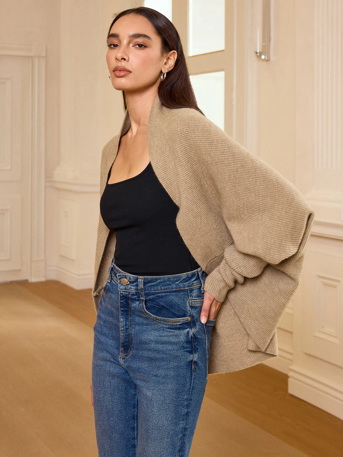 Batwing Sleeve Oversized Ribbed Knit Cardigan - Wholesalesil