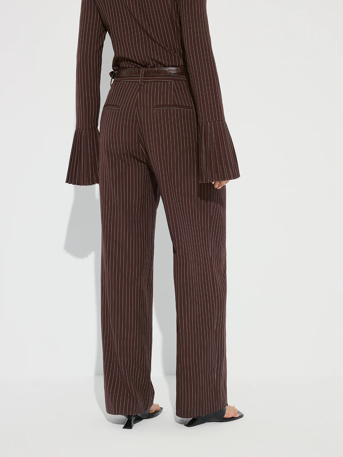 Striped Pleated Wide-Leg Pants without Belt - Wholesalesil