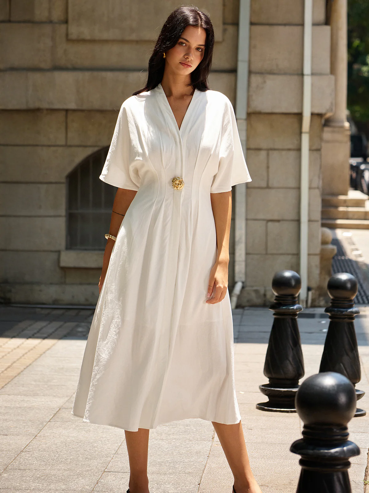 Metal Decor V-Neck Midi Dress - Wholesalesil