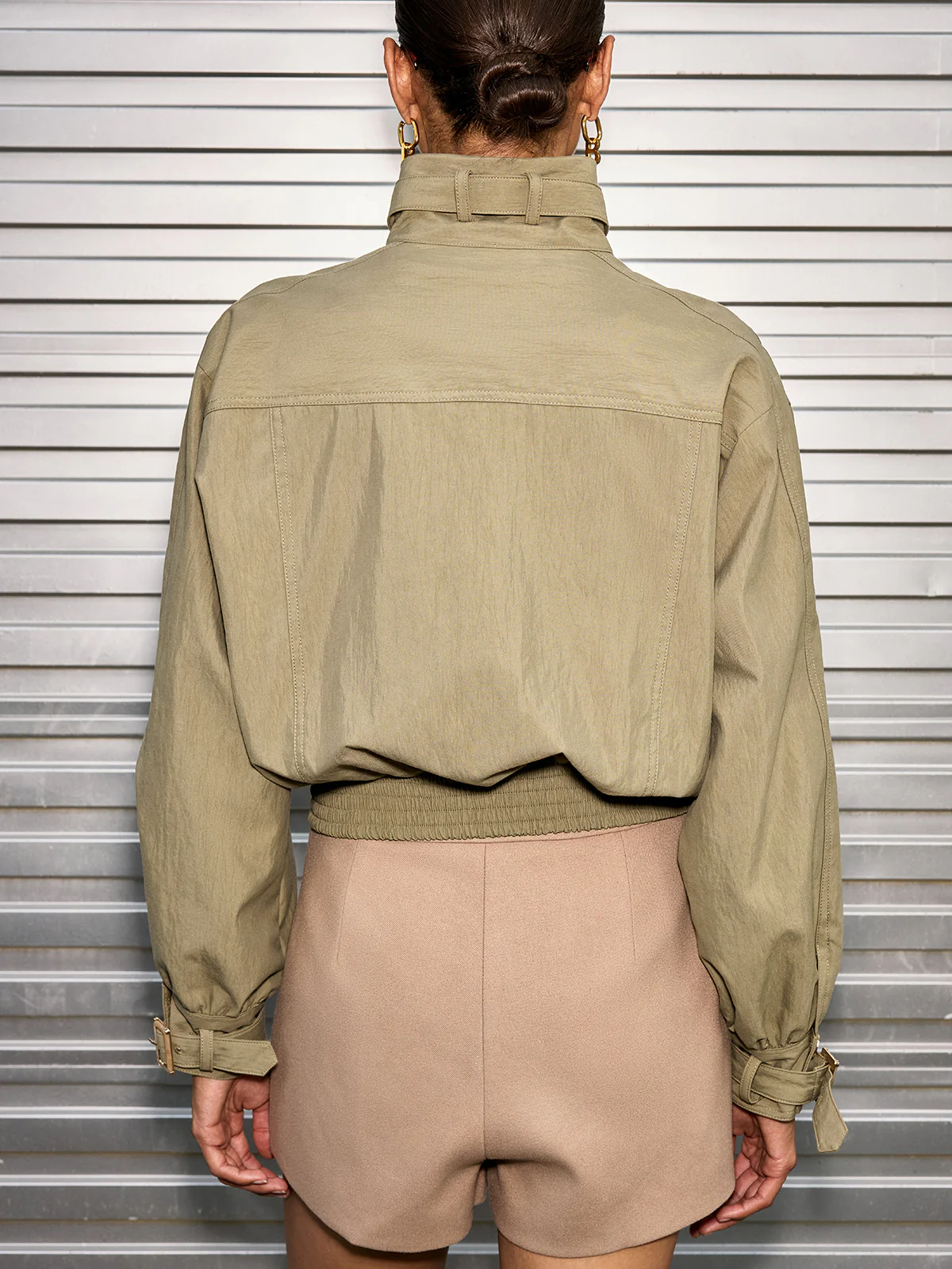 Belted Collar Cotton Blend Cropped Jacket - Wholesalesil