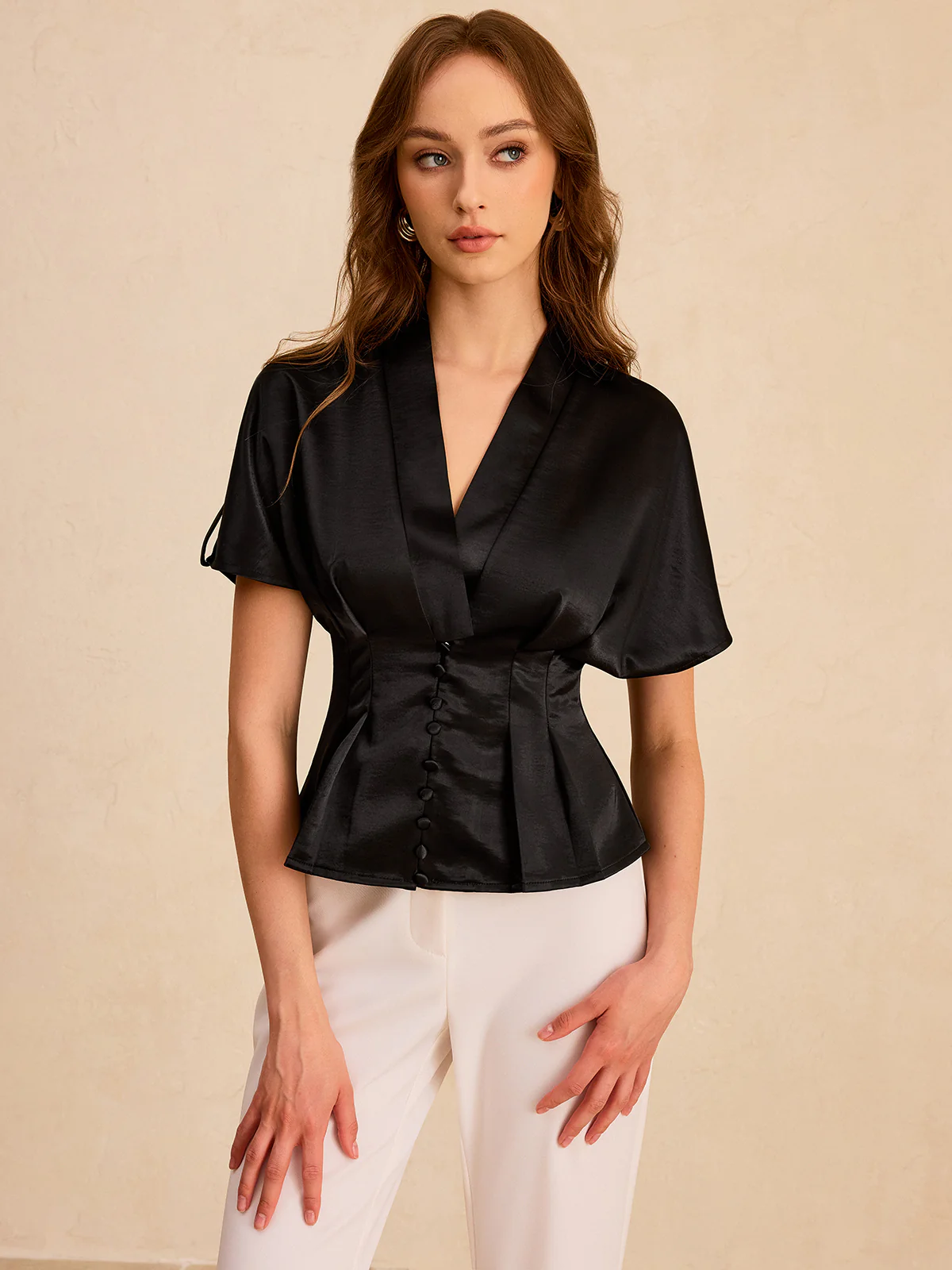 Satin Pleated Button Peplum Top - Wholesalesil