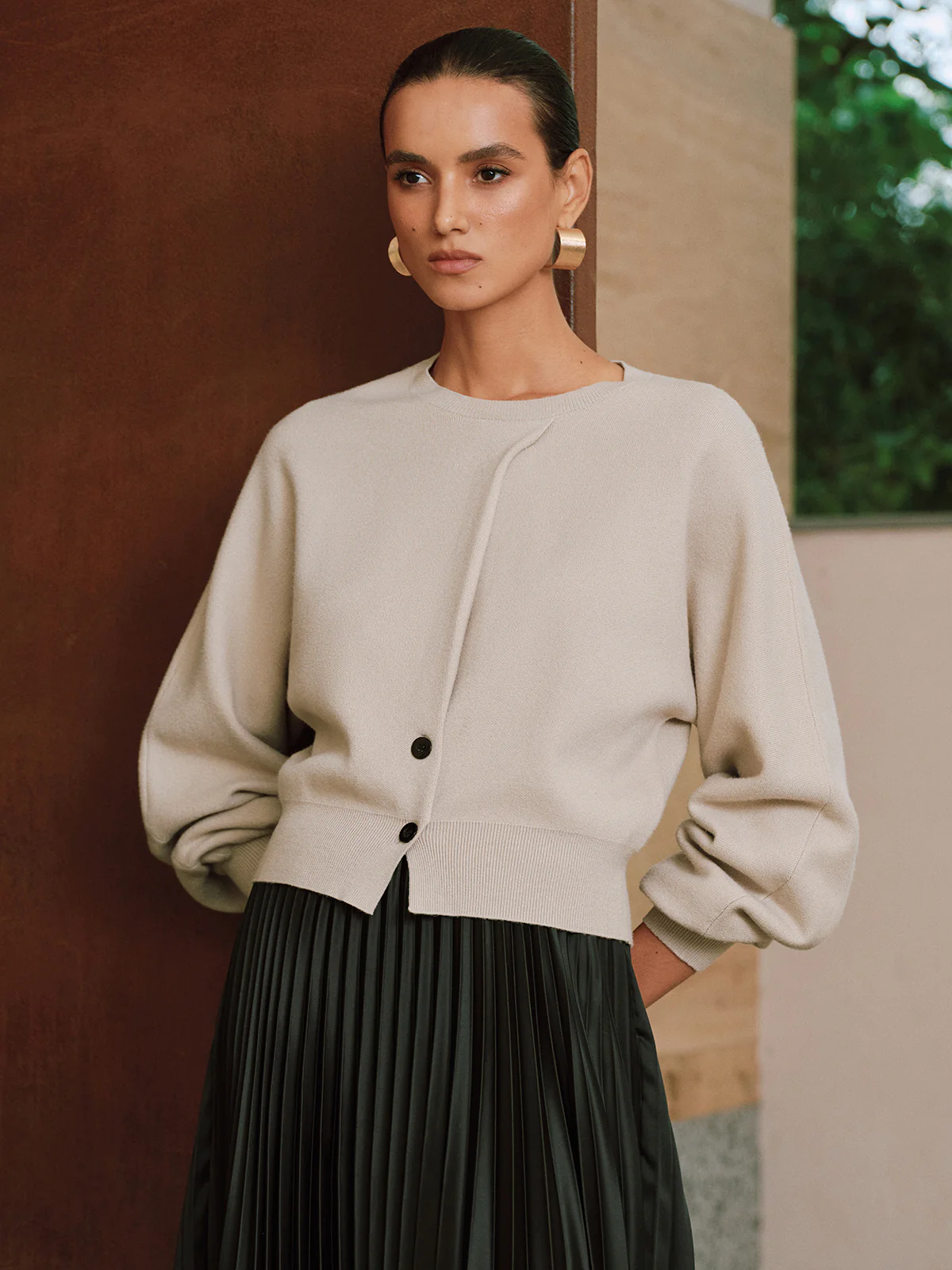 Button Detail Long Sleeve Sweater - Wholesalesil