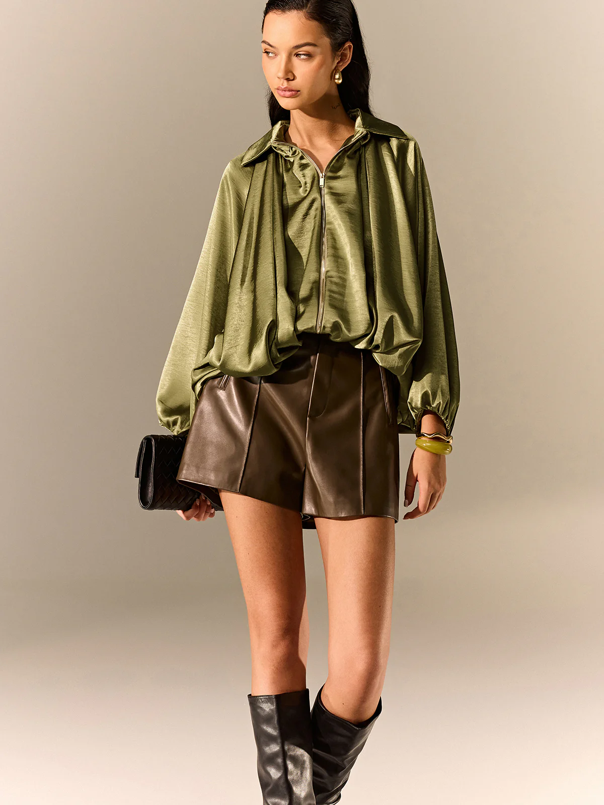 Satin Pleated Lantern-Sleeve Shirt Jacket - Wholesalesil