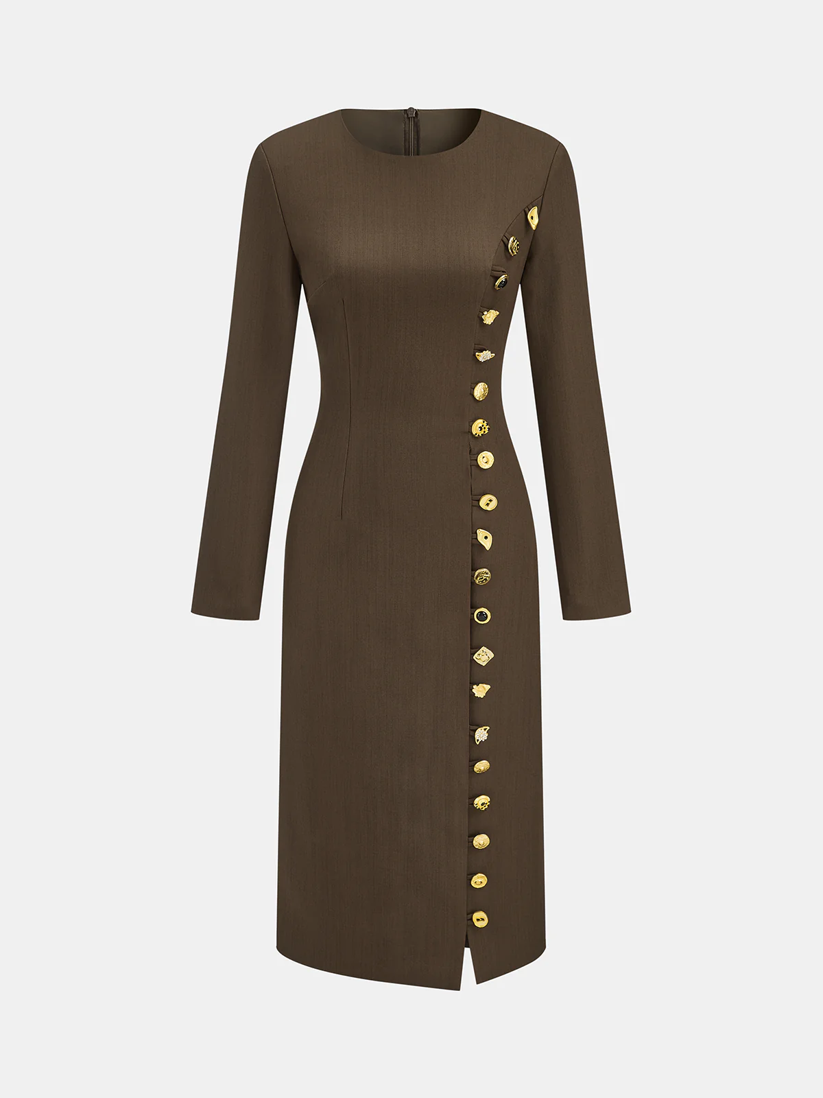 Metal Side Button Long Sleeve Midi Dress - Wholesalesil