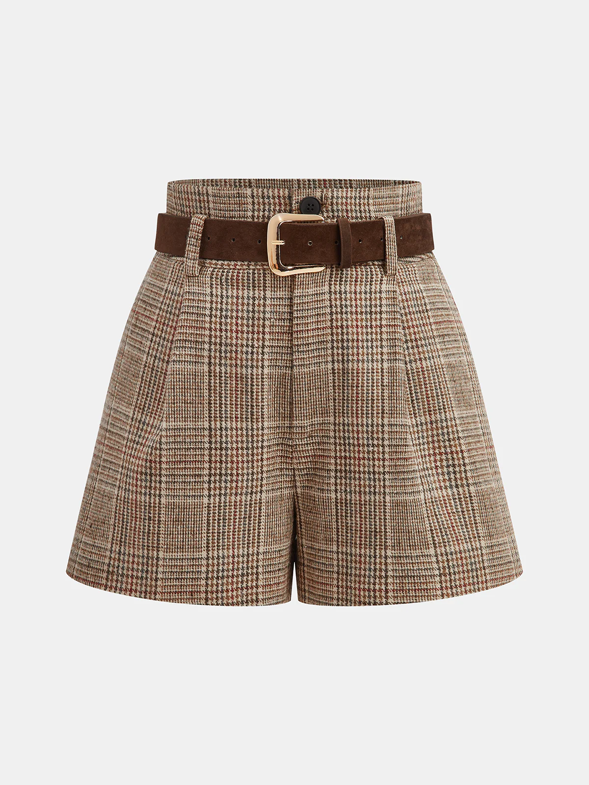 Belted High-Waist Houndstooth Tweed Shorts - Wholesalesil