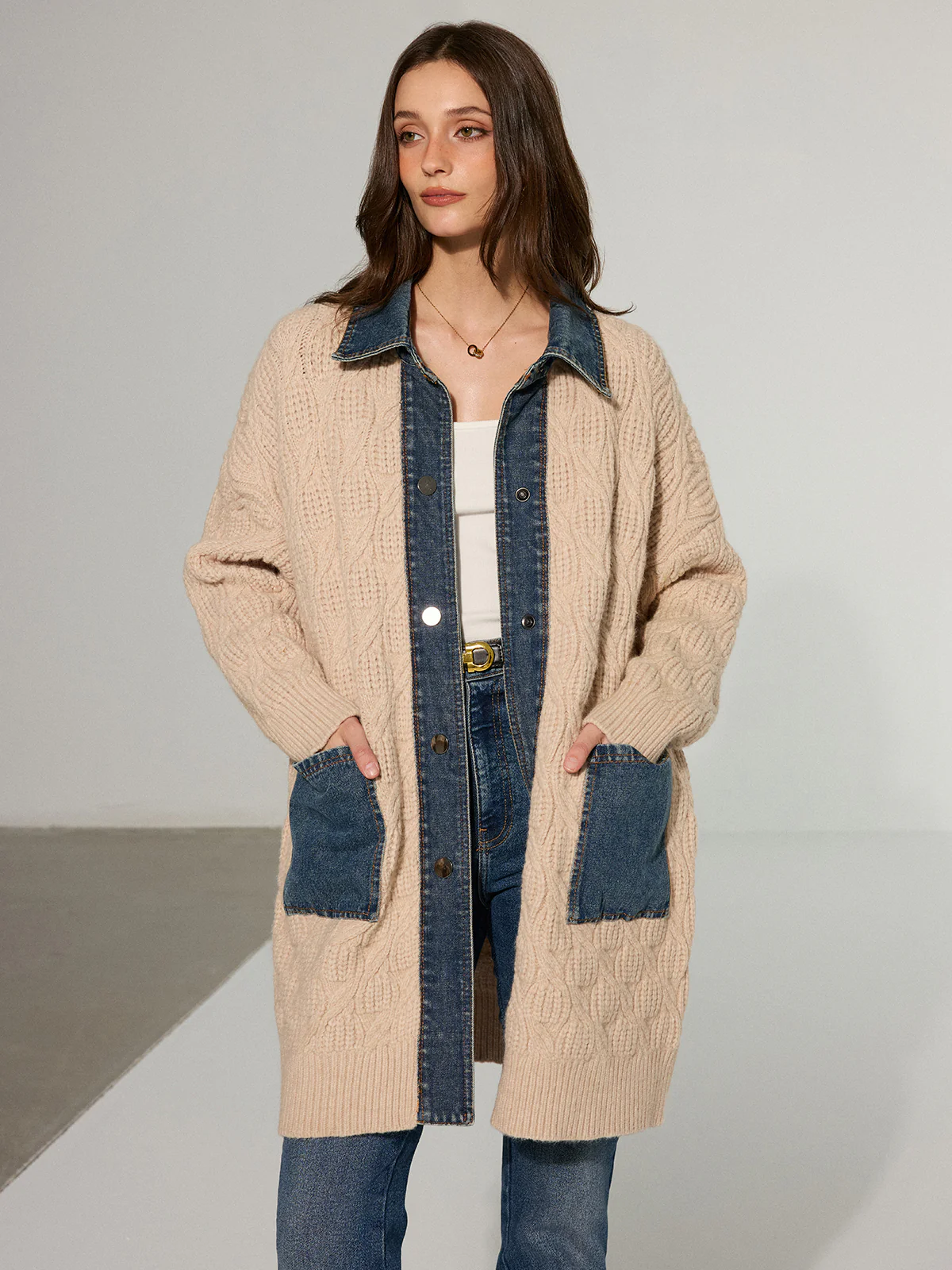 Cable Knit Denim Paneled Longline Cardigan - Wholesalesil
