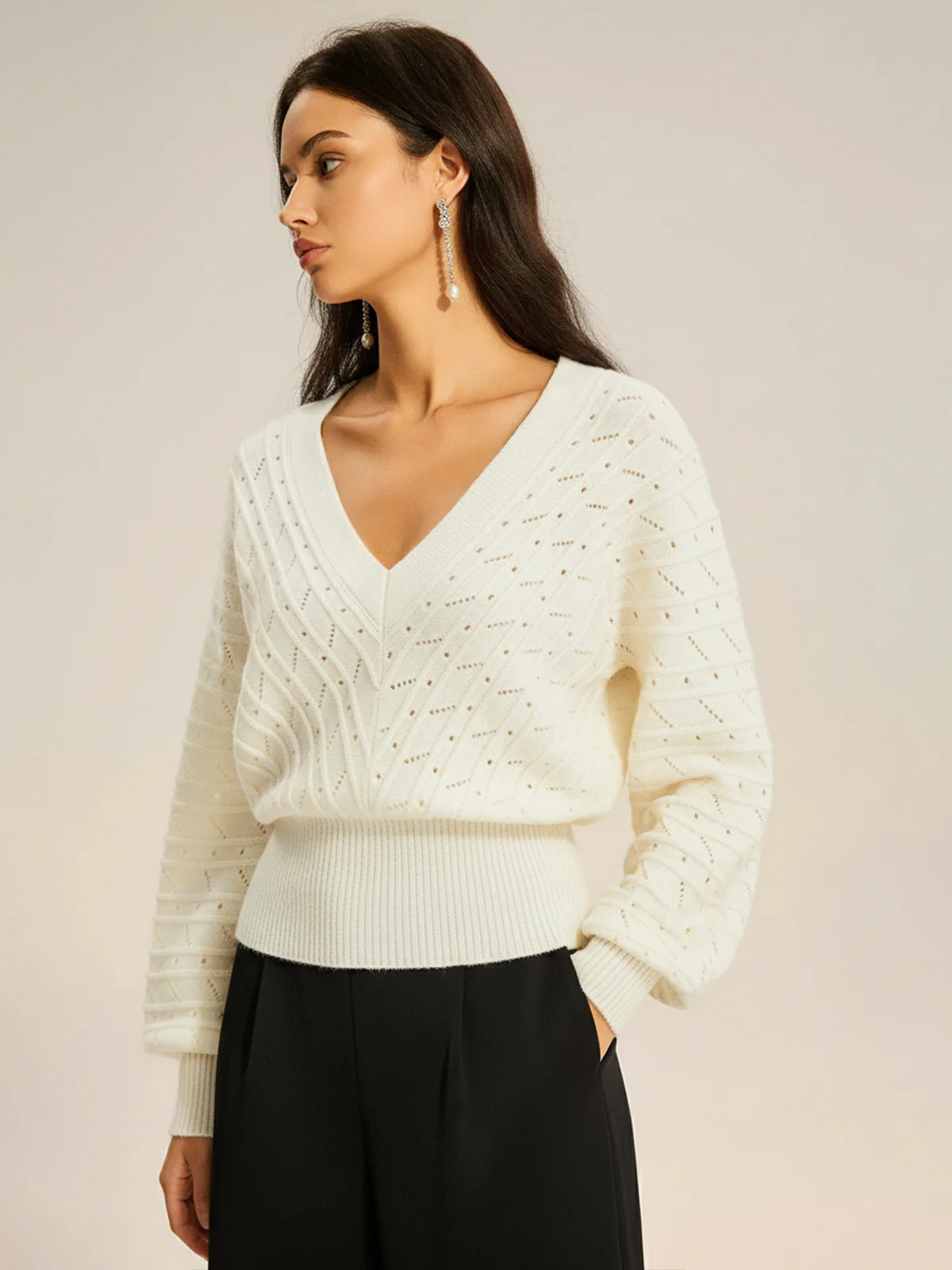 Textured Openwork V-Neck Lantern Sleeve Sweater - Wholesalesil
