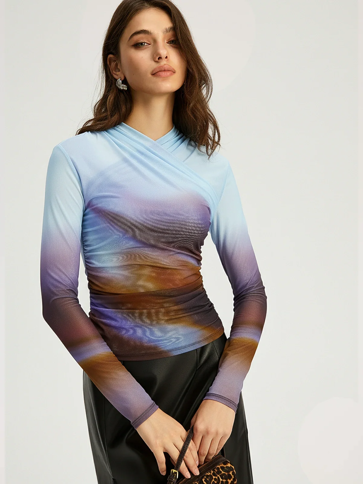 Criss Cross Printed Mesh Long-Sleeve Top - Wholesalesil