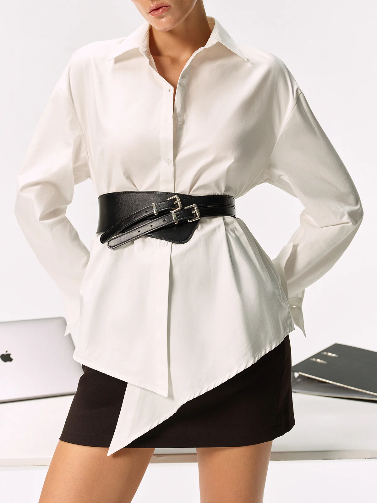 Double Buckle PU Leather Wide Belt - Wholesalesil