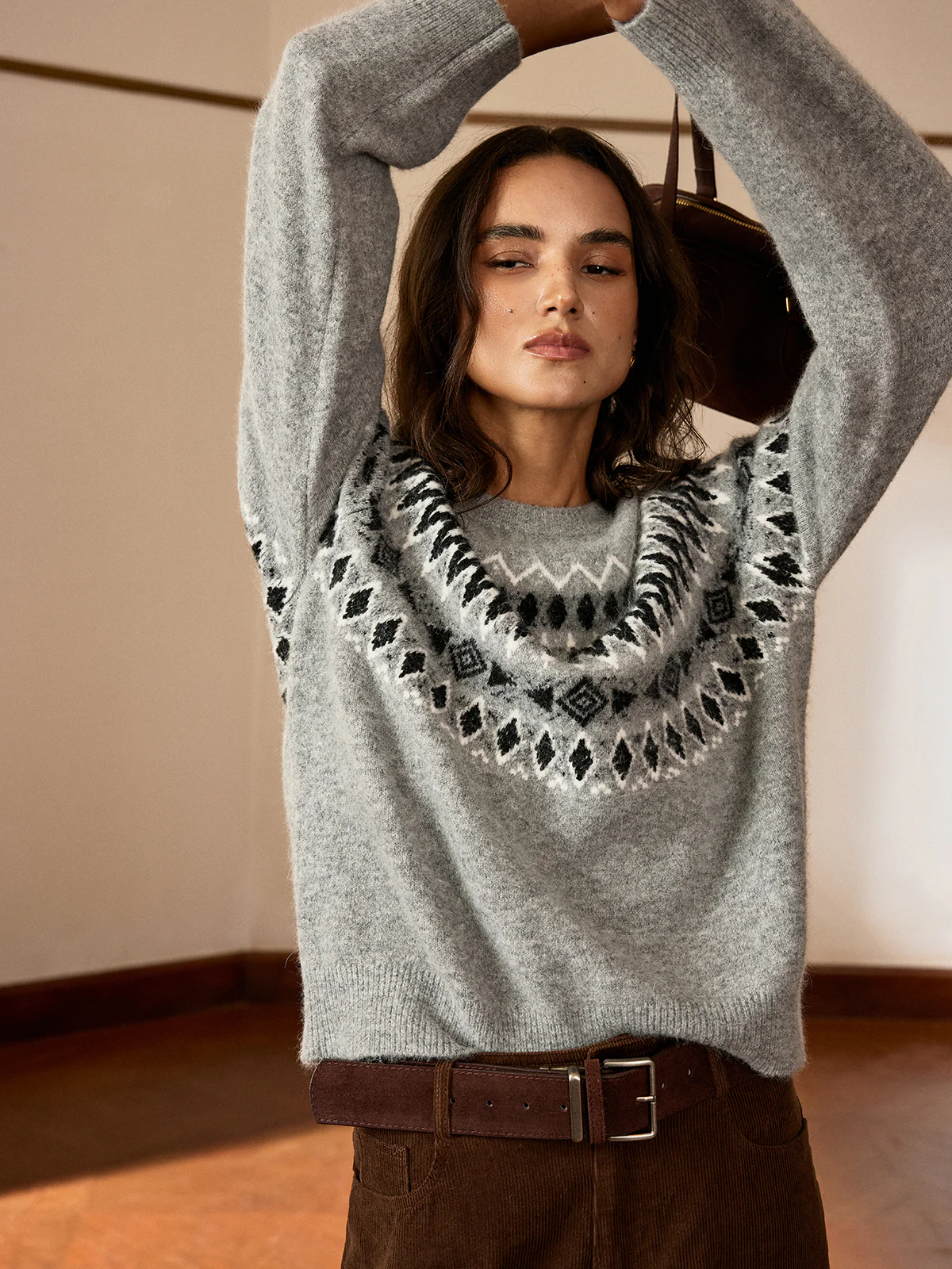 Fair Isle Pattern Crew Neck Knit Sweater - Wholesalesil