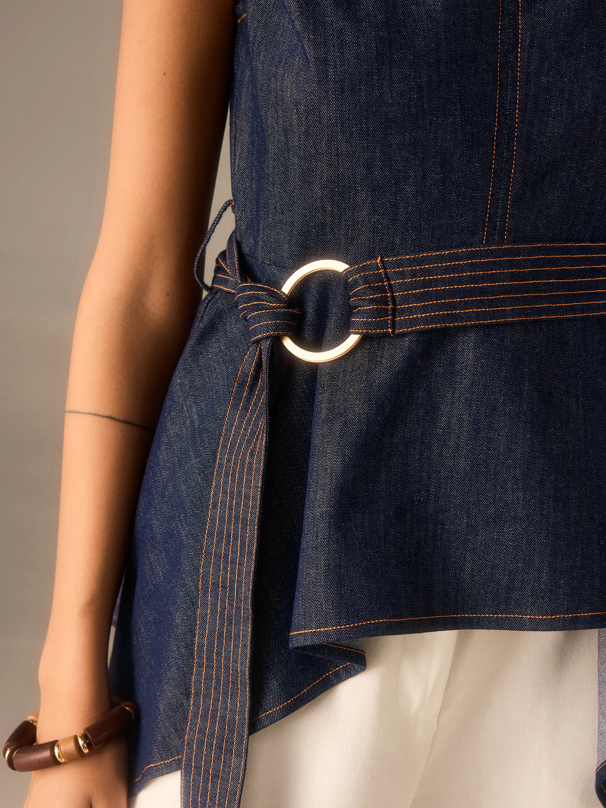 Denim Peplum Belted Top with Asymmetric Hem - Wholesalesil