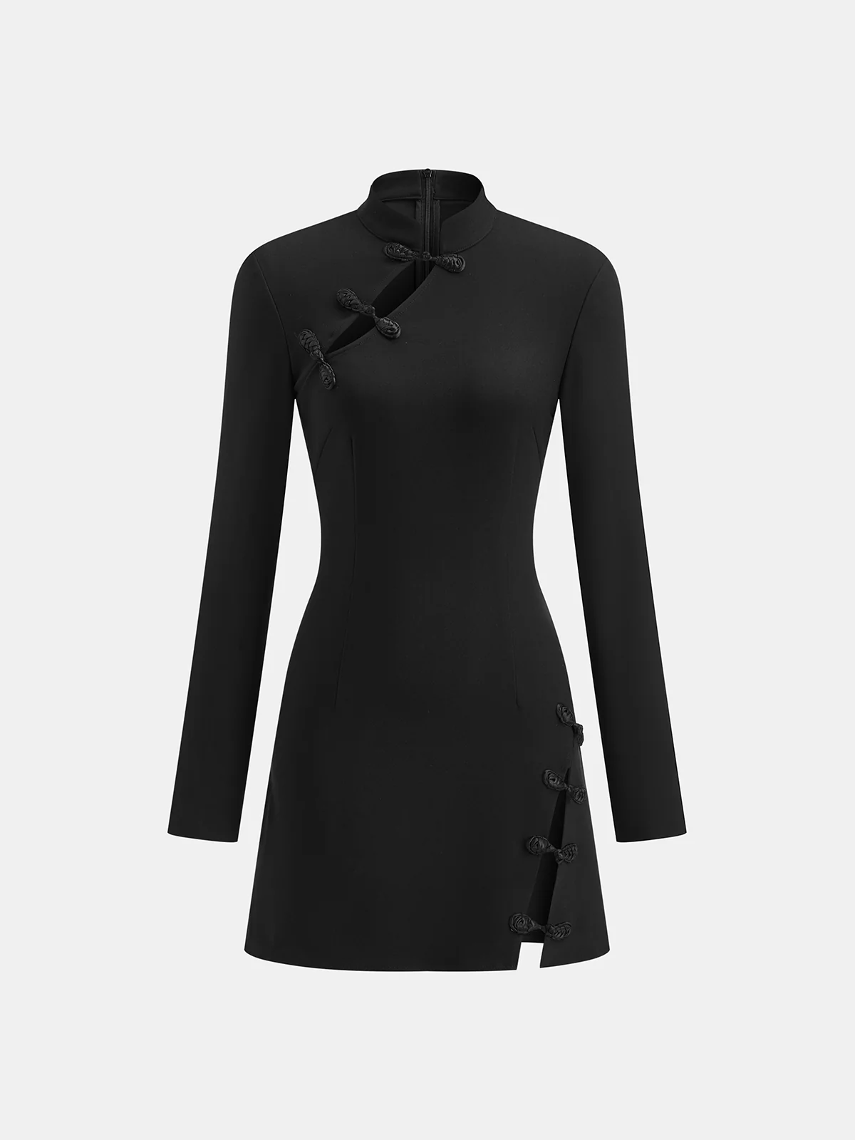 Stand Collar Long Sleeve Know Button Side Slit Dress - Wholesalesil