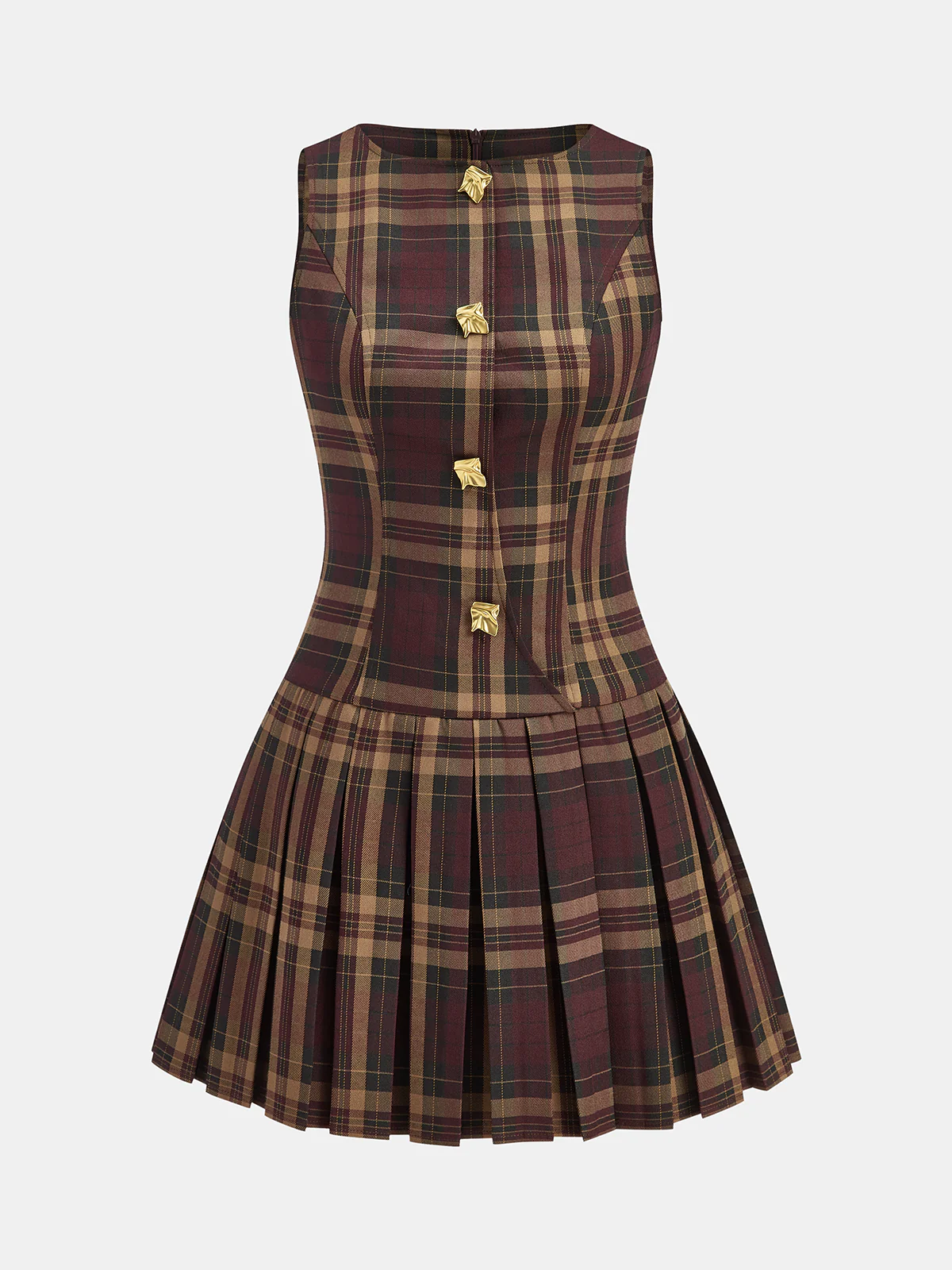 Metal Detail Plaid Sleeveless Pleated Mini Dress - Wholesalesil