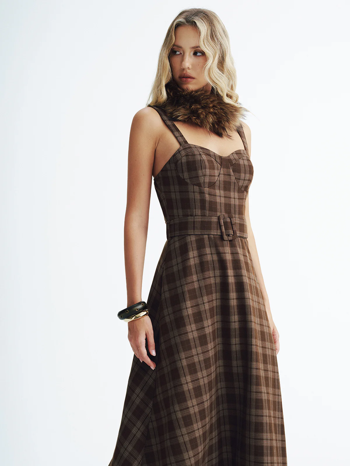 Belted Plaid Strappy Maxi Dress - Wholesalesil