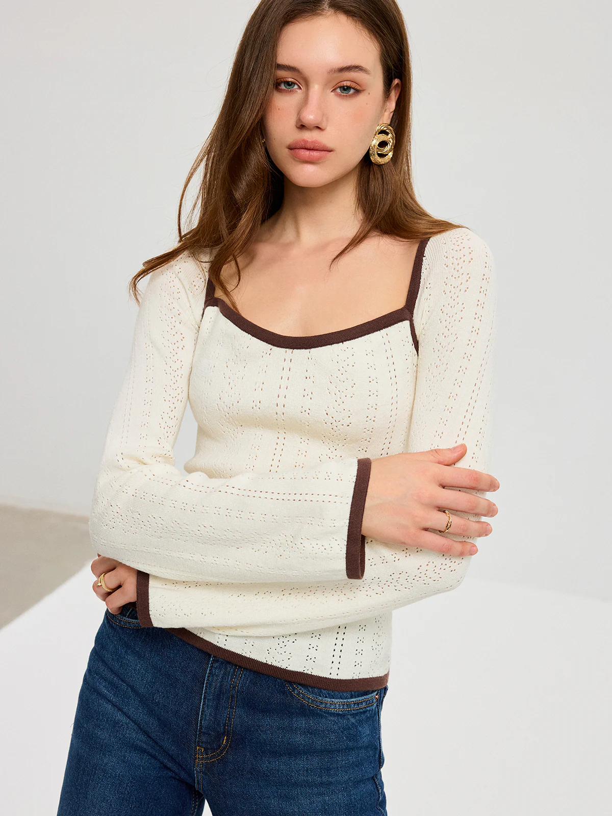 Square Neck Contrast Trim Eyelet Sweater - Wholesalesil