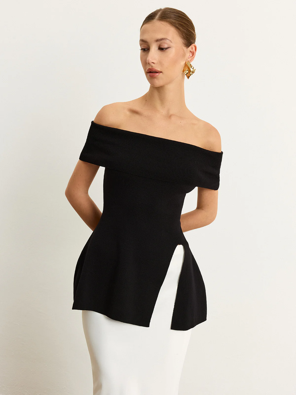 Off-Shoulder Knit Top with Slit - Wholesalesil