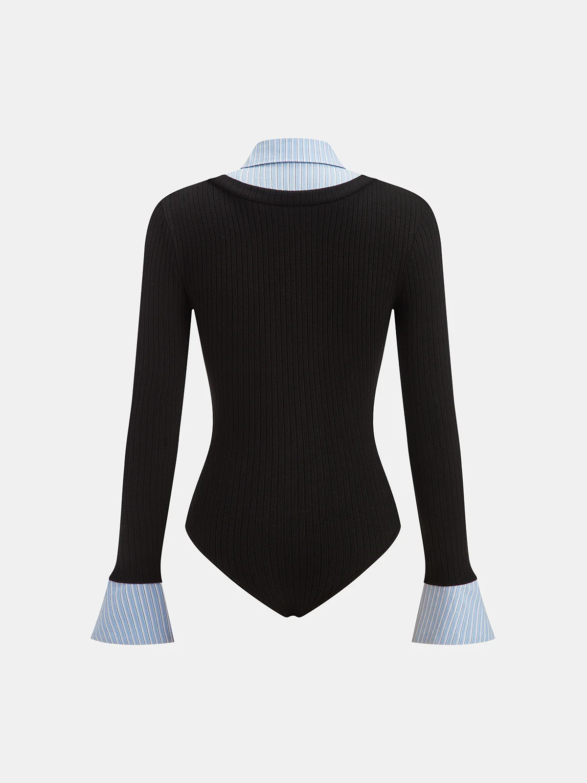 2 in 1 Striped Shirt Panel Ribbed Bodysuit - Wholesalesil