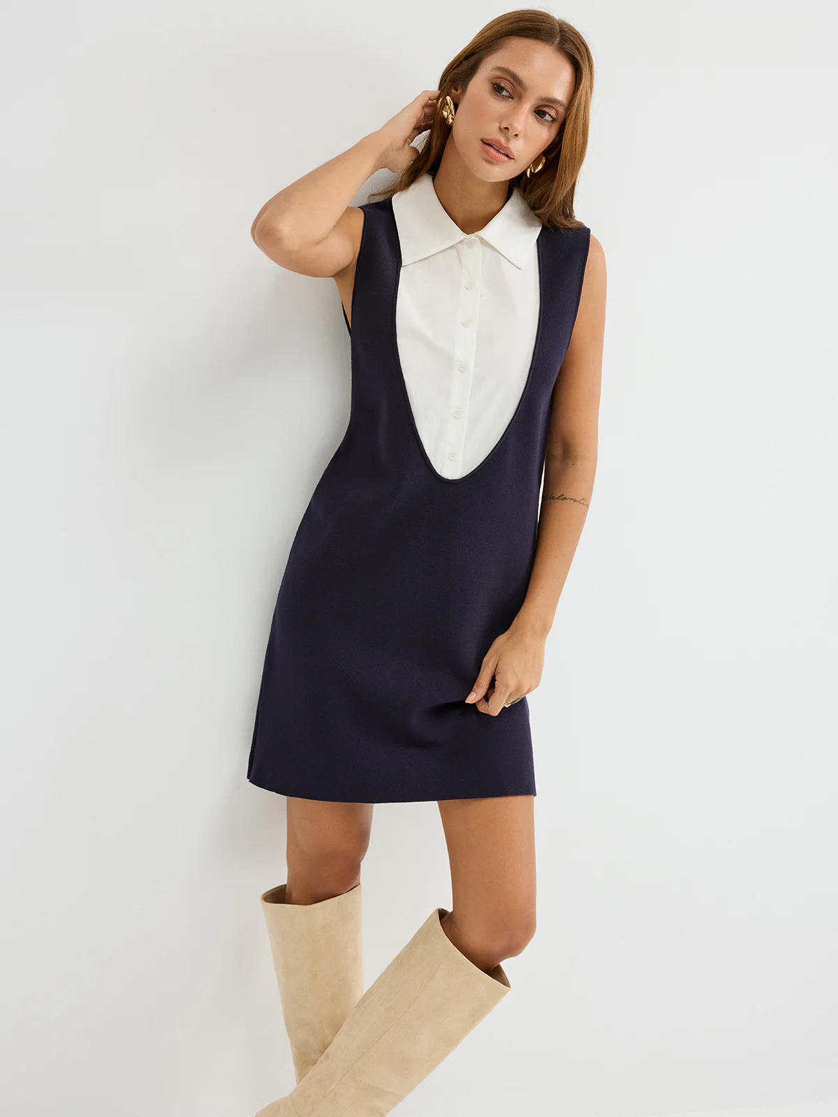 Contrast Shirt Panel Sleeveless Mini Dress - Wholesalesil