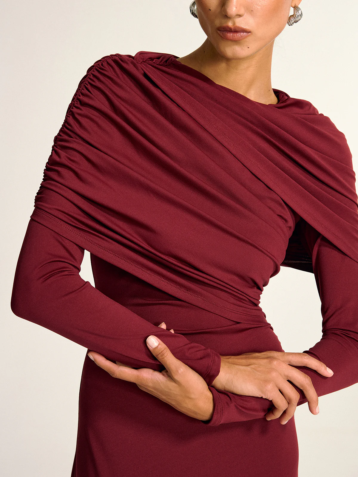 Draped Long Sleeve Maxi Dress - Wholesalesil