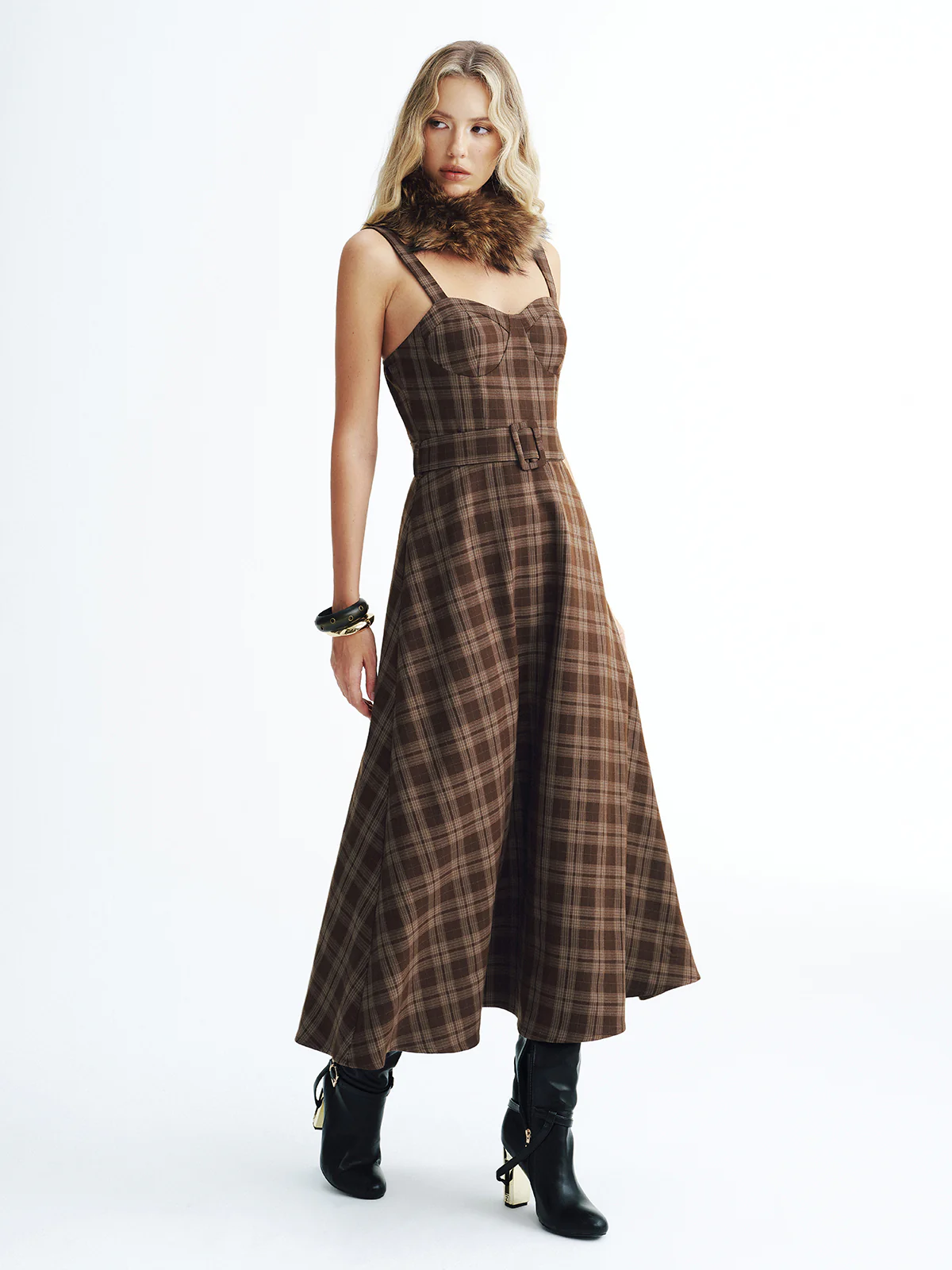 Belted Plaid Strappy Maxi Dress - Wholesalesil