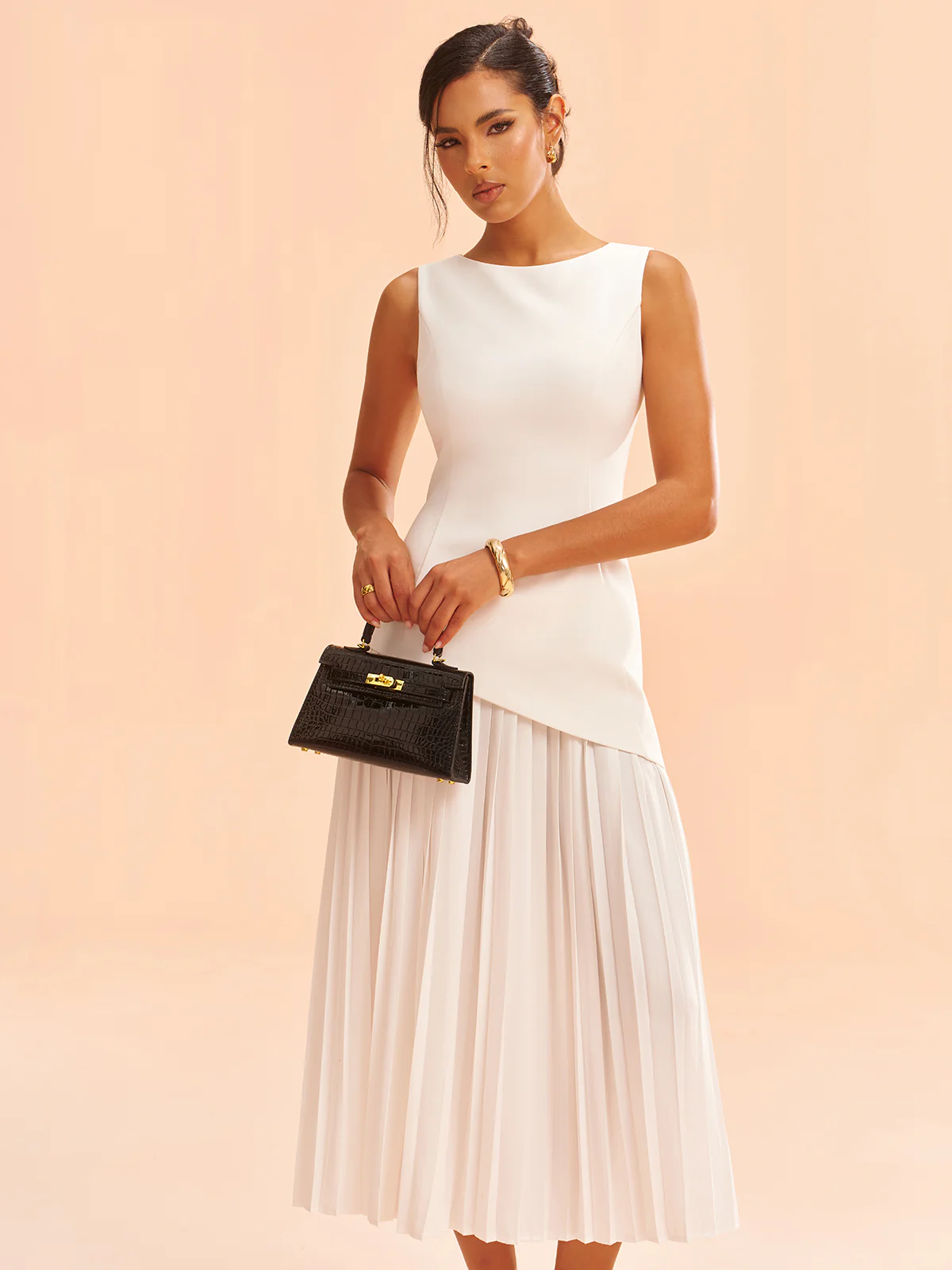 Sleeveless Asymmetric Pleated Midi Dress - Wholesalesil