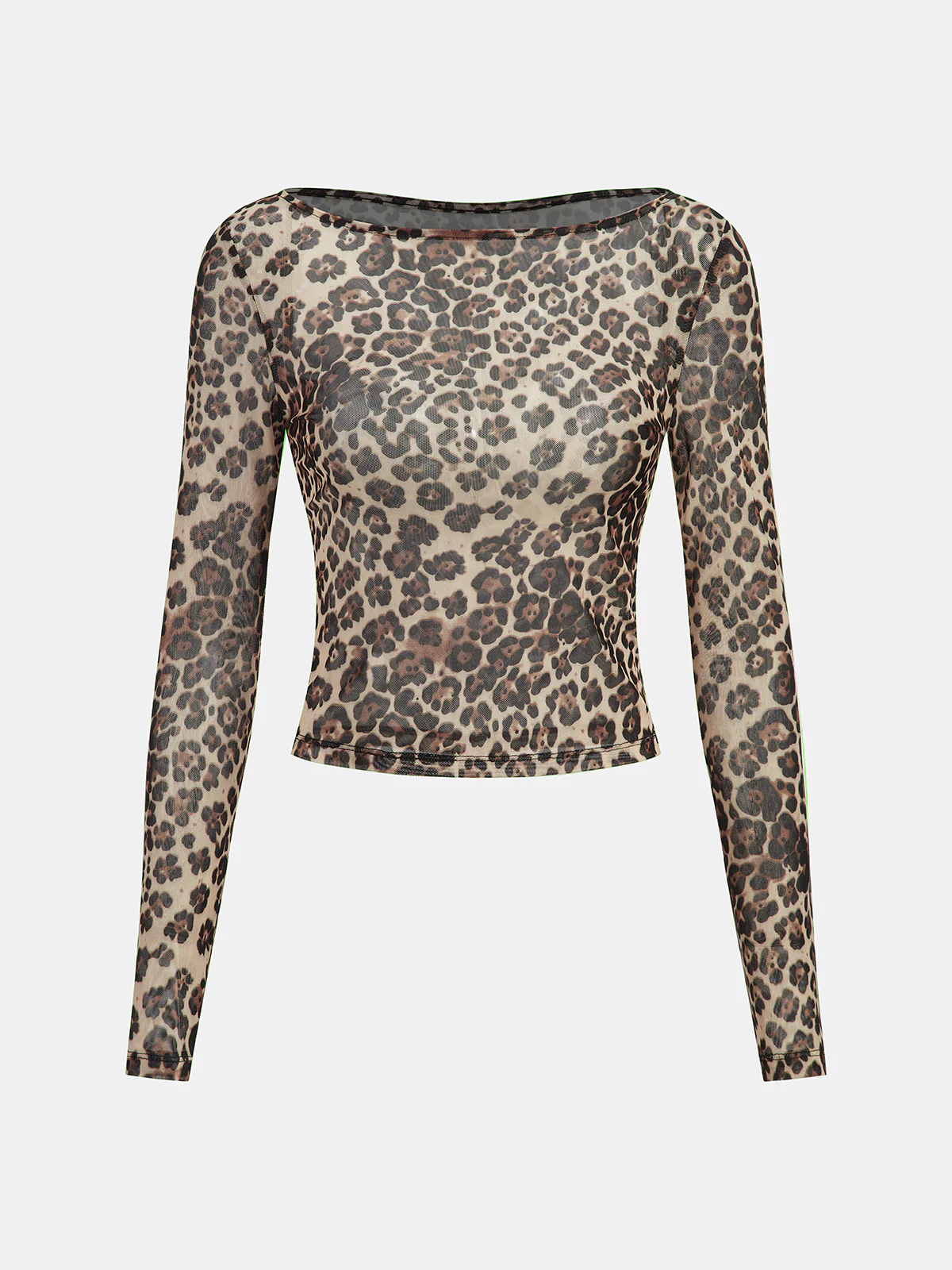 Sheer Mesh Leopard Print Long-Sleeve Top - Wholesalesil