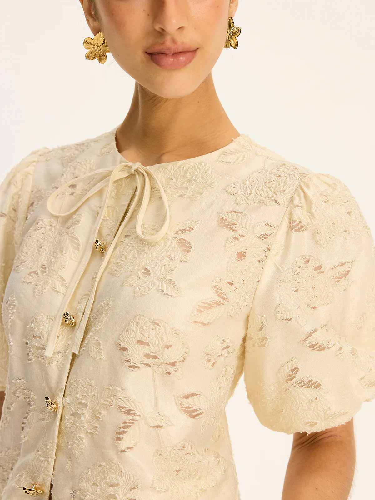 Semi-Sheer Jacquard Metal Button Cotton-Blend Top - Wholesalesil