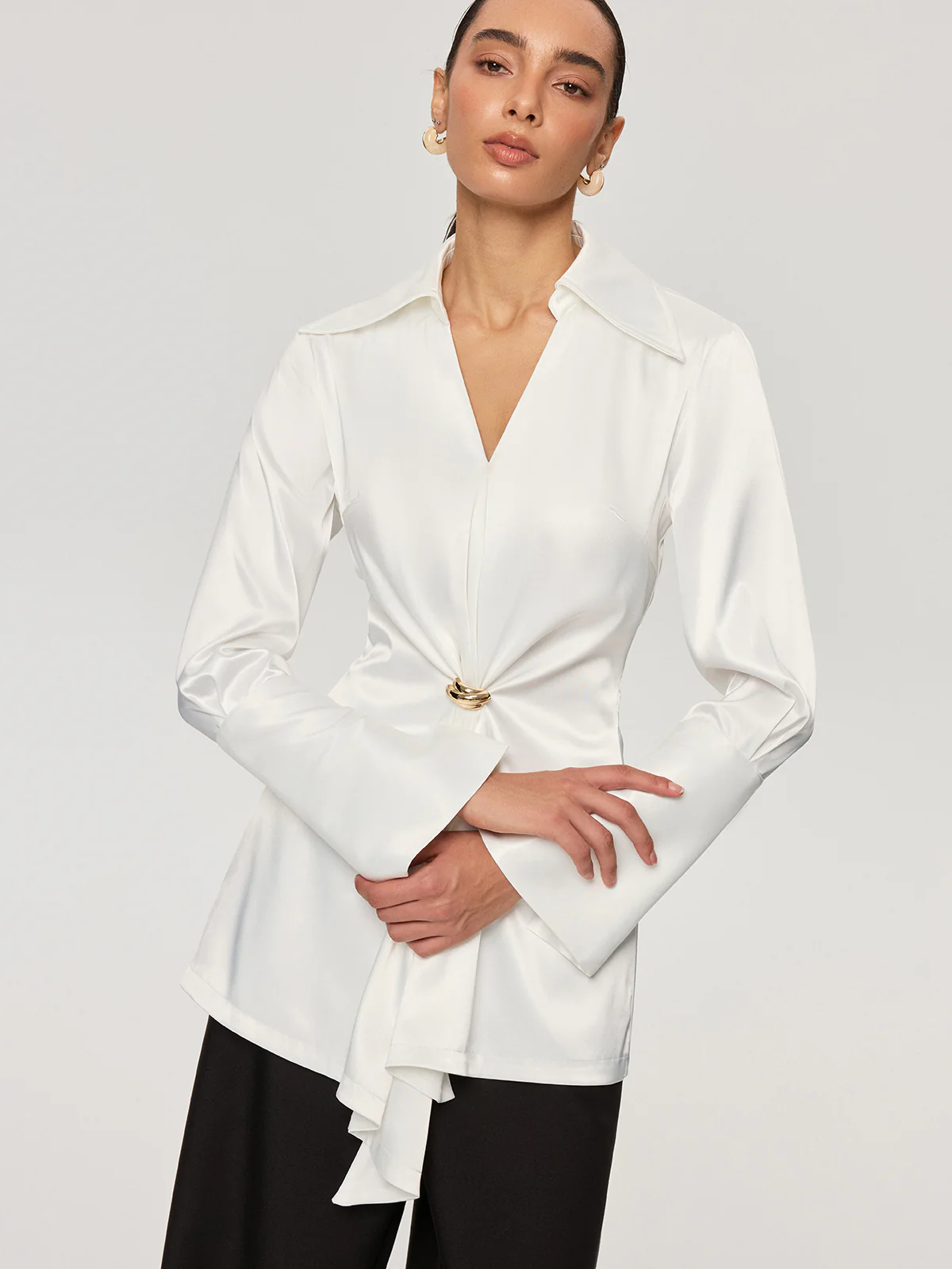 Metal Detail Cinching Satin V-Neck Blouse - Wholesalesil