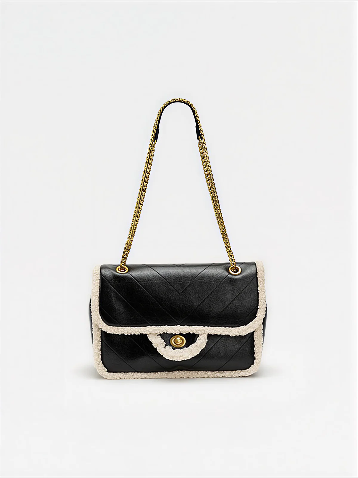Chain Strap Shearling Trim Shoulder Bag - Wholesalesil