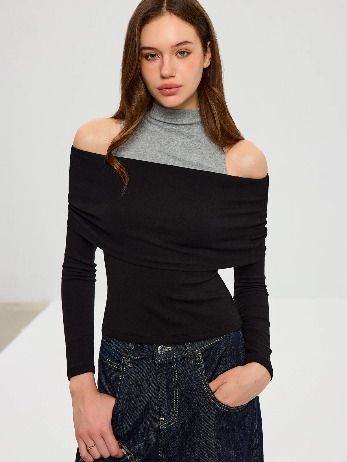 2 in 1 Contrast Panel Mock Neck Long Sleeve T-Shirt - Wholesalesil