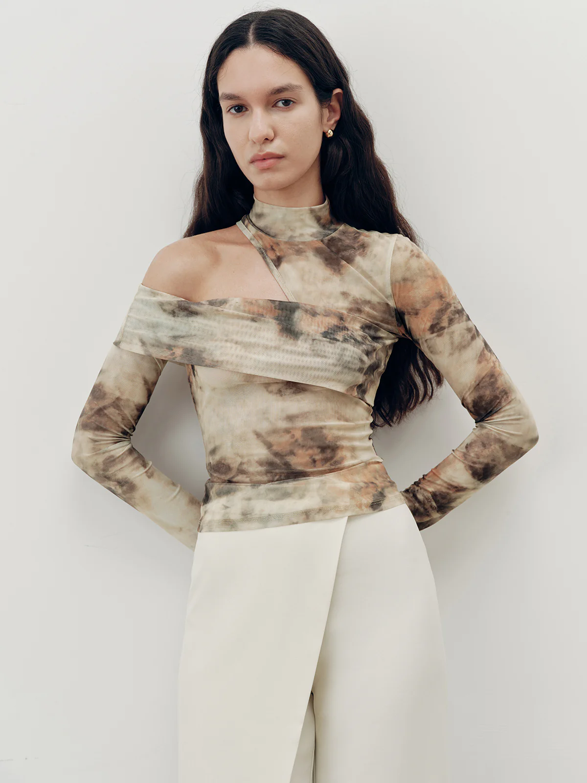 Tie-Dye Mesh One-Shoulder Long Sleeve Top - Wholesalesil